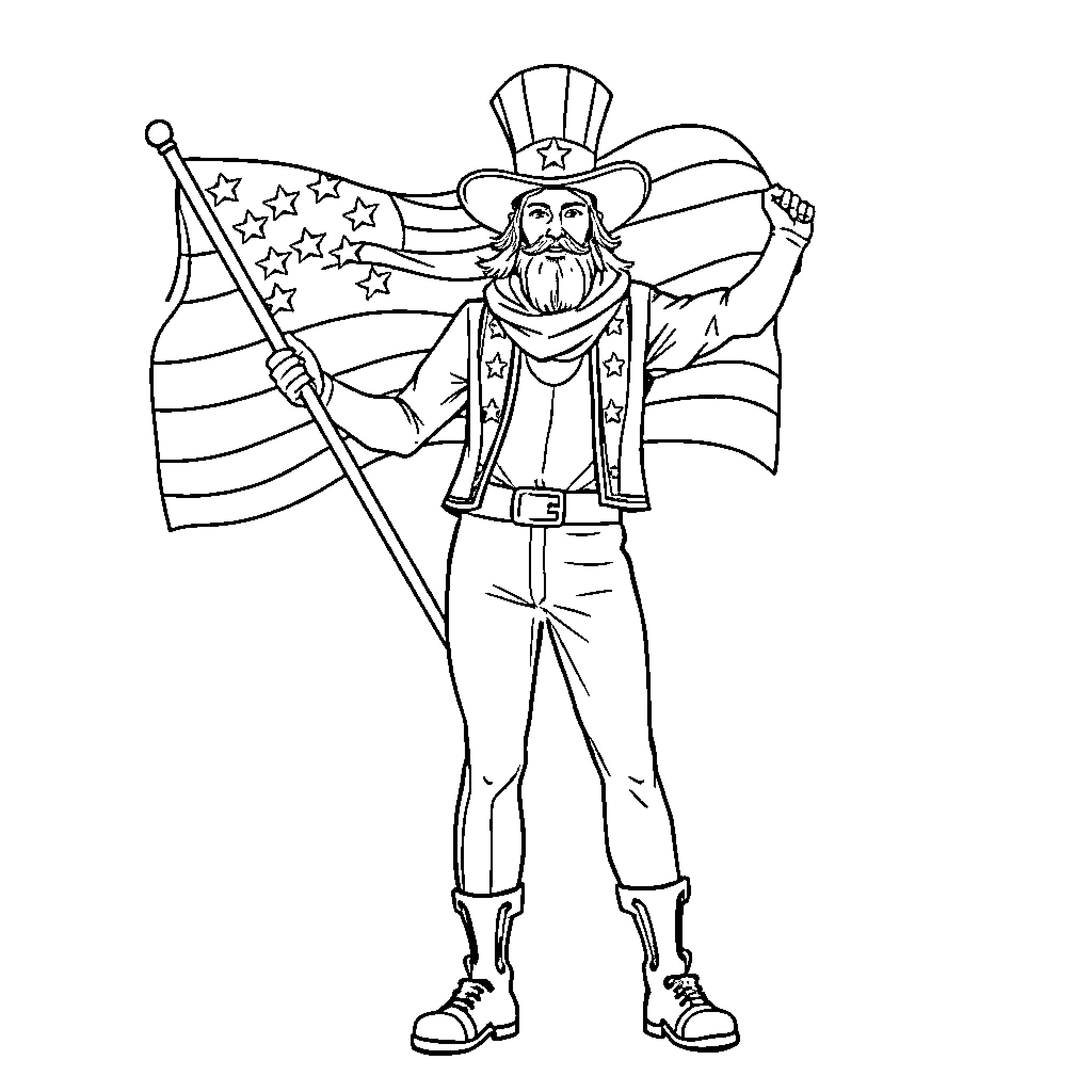 A Man holding American flag proudly Coloring Page (free black-and-white line drawing printable PDF for all, from beginners to advanced learners, including children, teens, adults, and seniors)