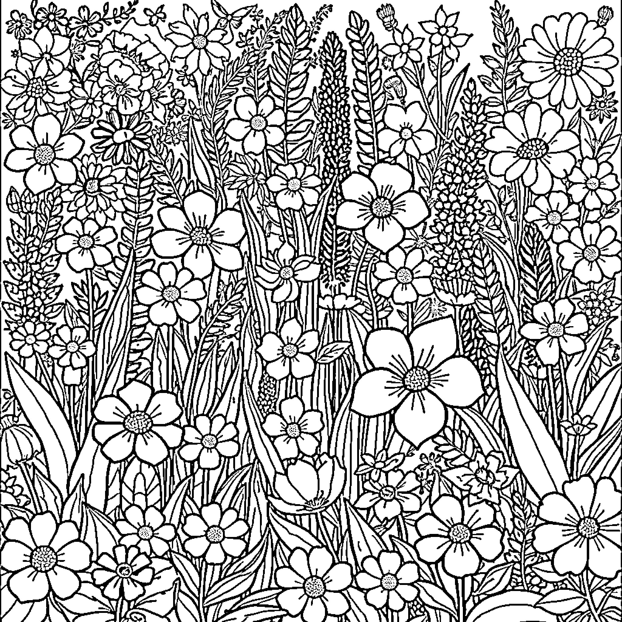 Garden of Vibrant Floral Patterns Coloring Page (free black-and-white line drawing printable PDF for all, from beginners to advanced learners, including children, teens, adults, and seniors)