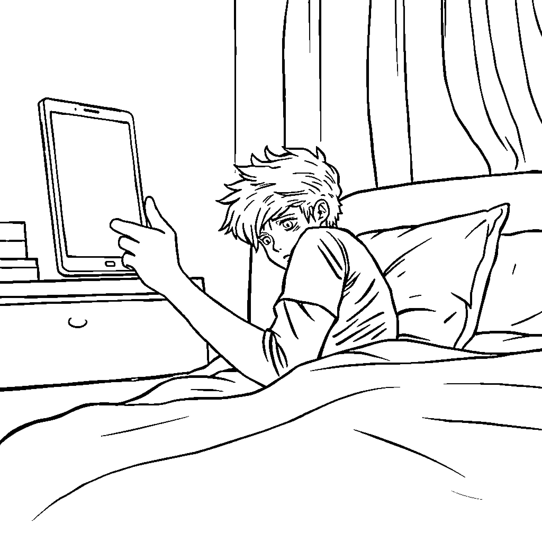 Student studying intently on laptop in bedroom Coloring Page (free black-and-white line drawing printable PDF for all, from beginners to advanced learners, including children, teens, adults, and seniors)