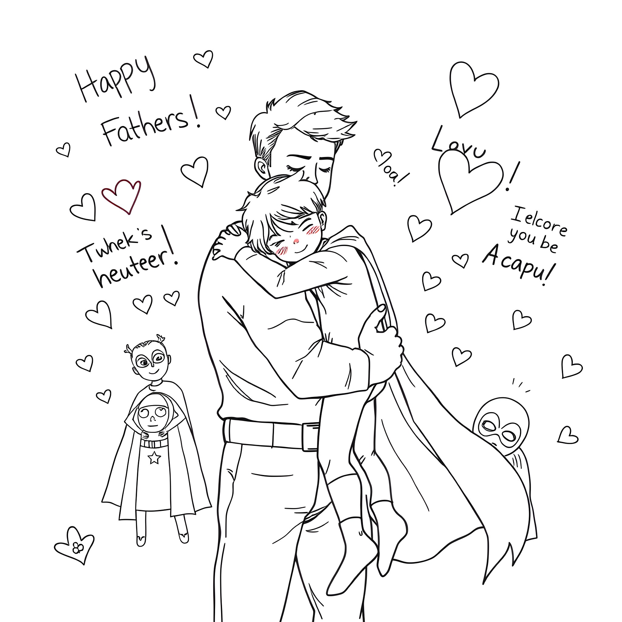 Father embracing child with love and affection Coloring Page (free black-and-white line drawing printable PDF for all, from beginners to advanced learners, including children, teens, adults, and seniors)