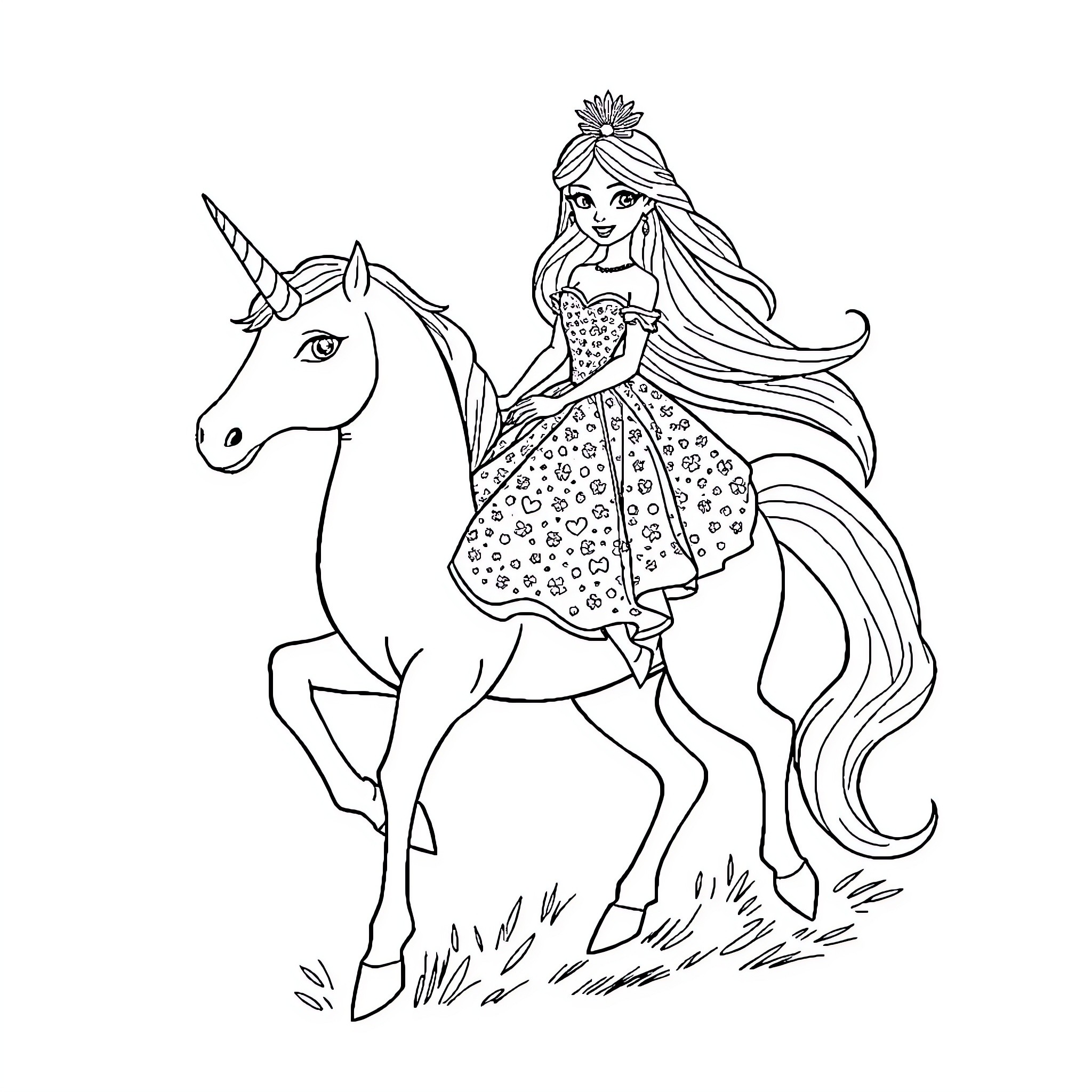 Princess Riding Magical Unicorn in Enchanting Scene Coloring Page (free black-and-white line drawing printable PDF for all, from beginners to advanced learners, including children, teens, adults, and seniors)