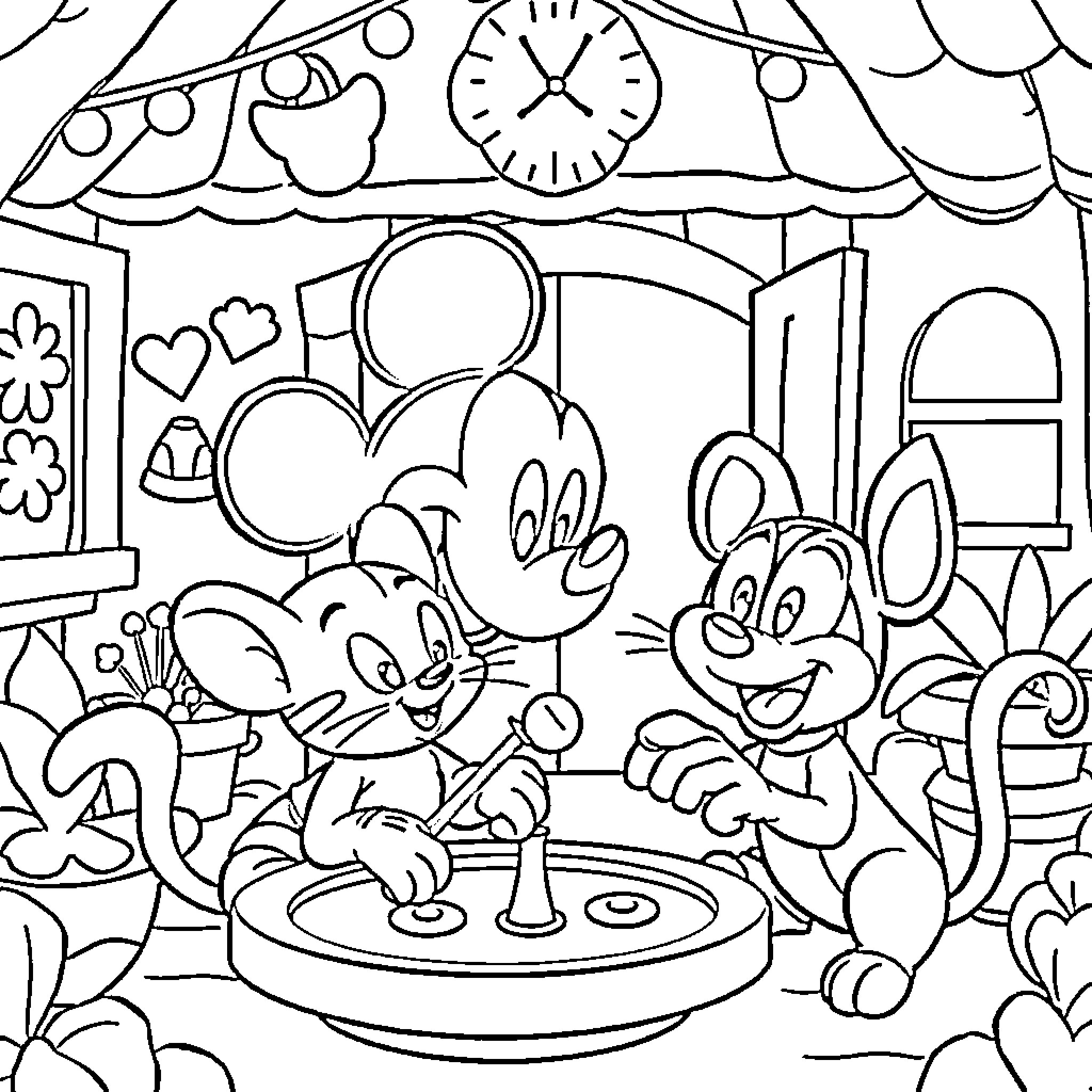 Gato Cartoon Characters Enjoying a Meal Coloring Page (free black-and-white line drawing printable PDF for all, from beginners to advanced learners, including children, teens, adults, and seniors)