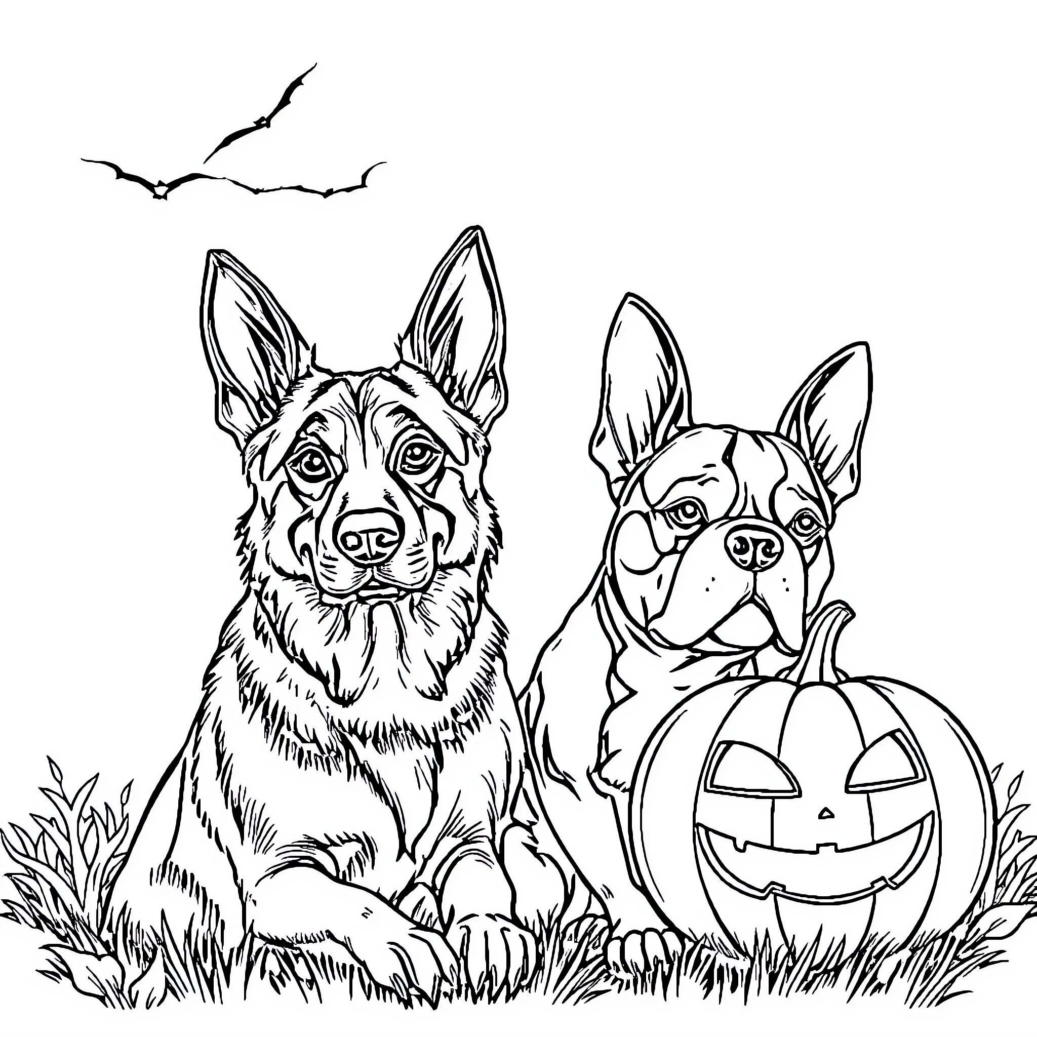 Dogs enjoying Halloween with pumpkin and bats Coloring Page (free black-and-white line drawing printable PDF for all, from beginners to advanced learners, including children, teens, adults, and seniors)