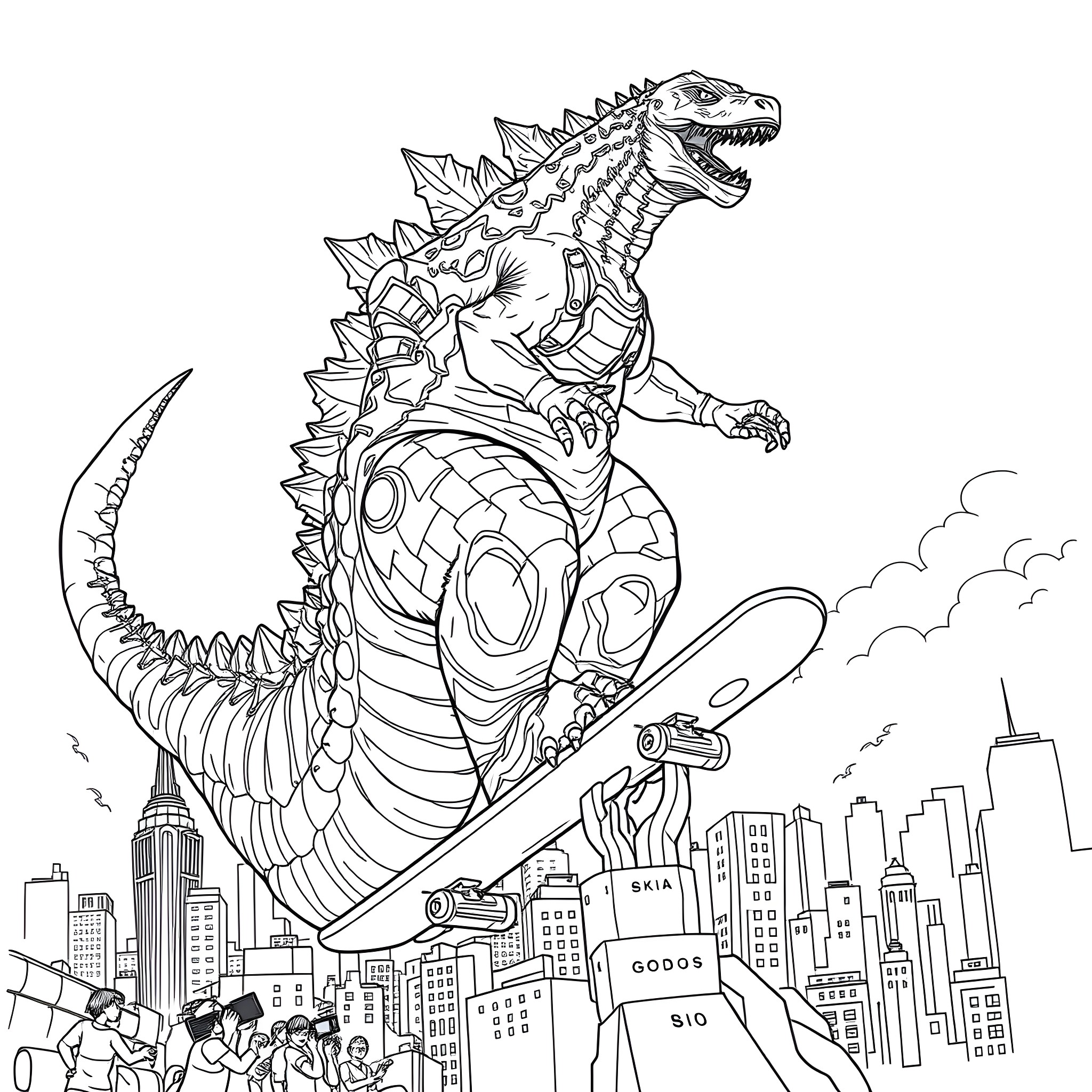 Godzilla rampaging through the city with destruction Coloring Page (free black-and-white line drawing printable PDF for all, from beginners to advanced learners, including children, teens, adults, and seniors)