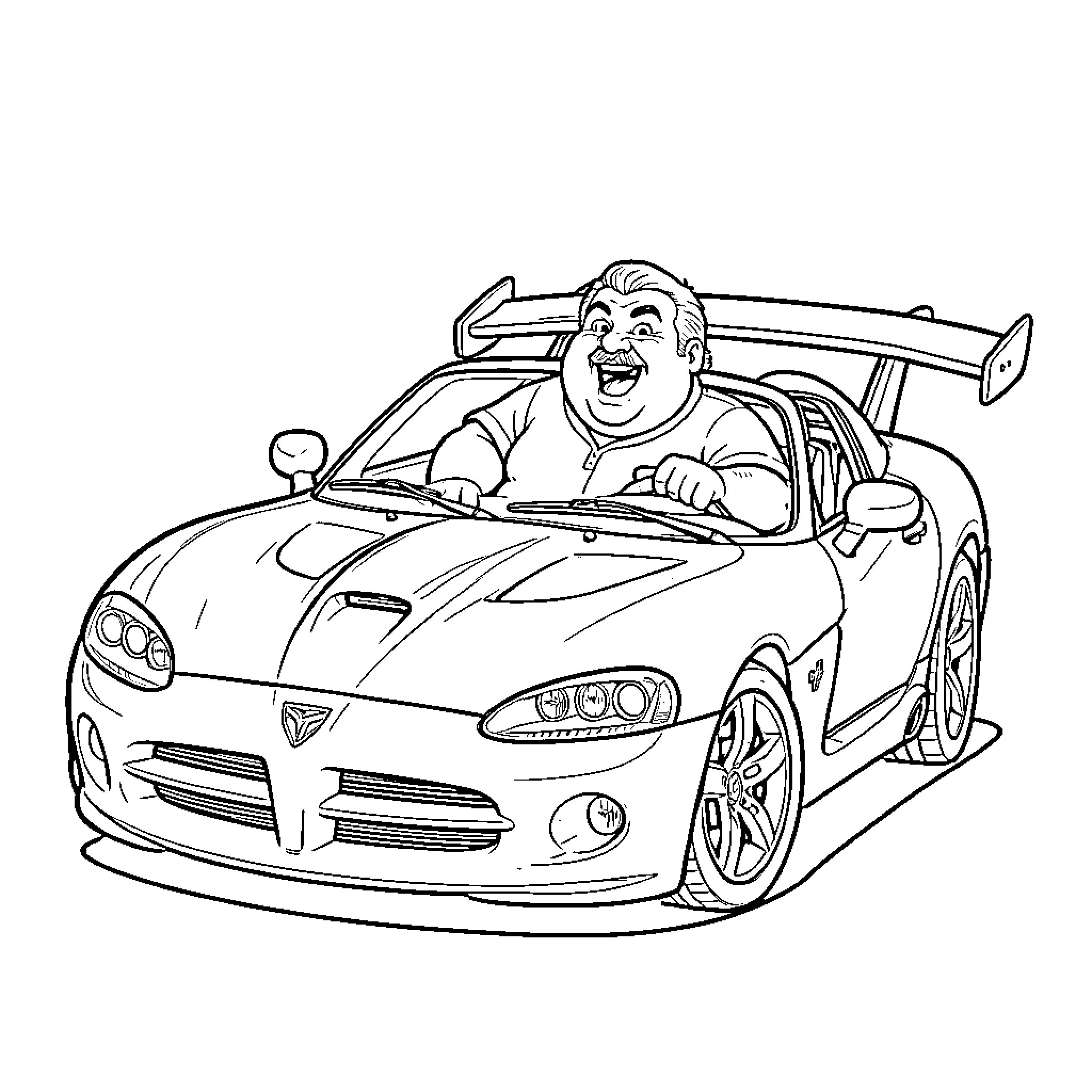 Dodge Viper driven by excited driver Coloring Page (free black-and-white line drawing printable PDF for all, from beginners to advanced learners, including children, teens, adults, and seniors)