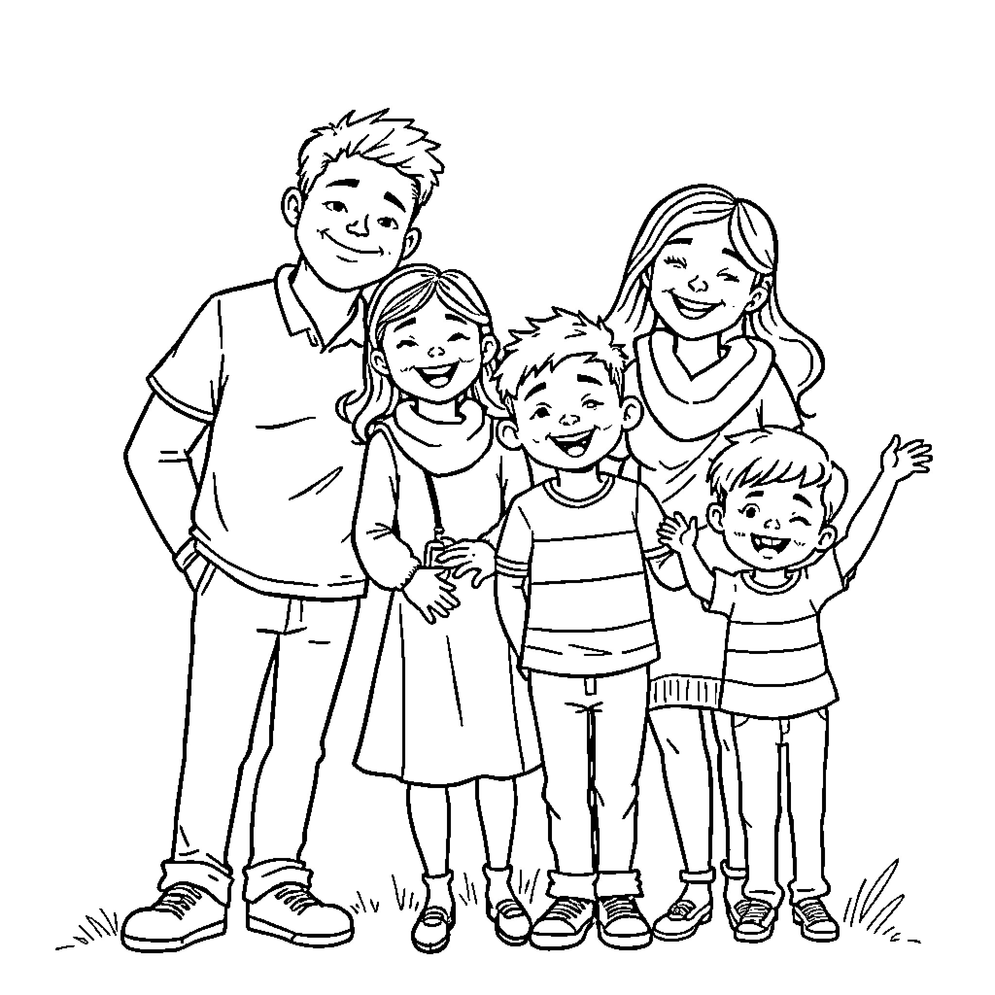 Family Enjoying Time Together Outdoors Coloring Page (free black-and-white line drawing printable PDF for all, from beginners to advanced learners, including children, teens, adults, and seniors)
