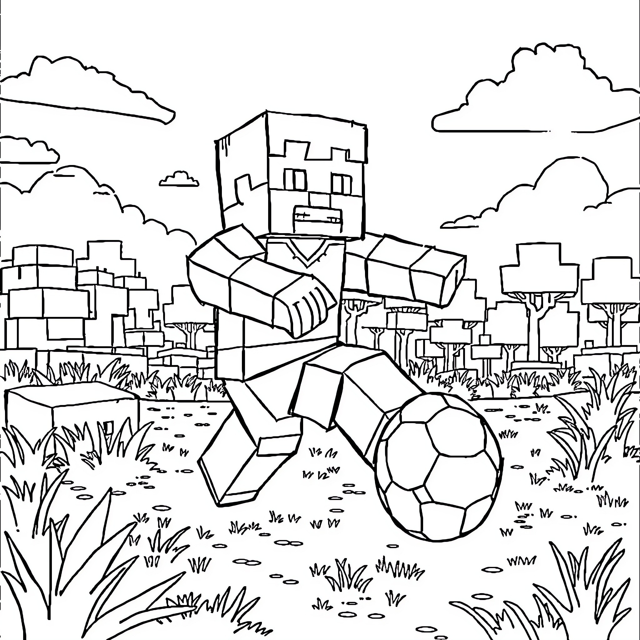 Minecraft Character Playing with Soccer Ball in Grassy Field Coloring Page (free black-and-white line drawing printable PDF for all, from beginners to advanced learners, including children, teens, adults, and seniors)
