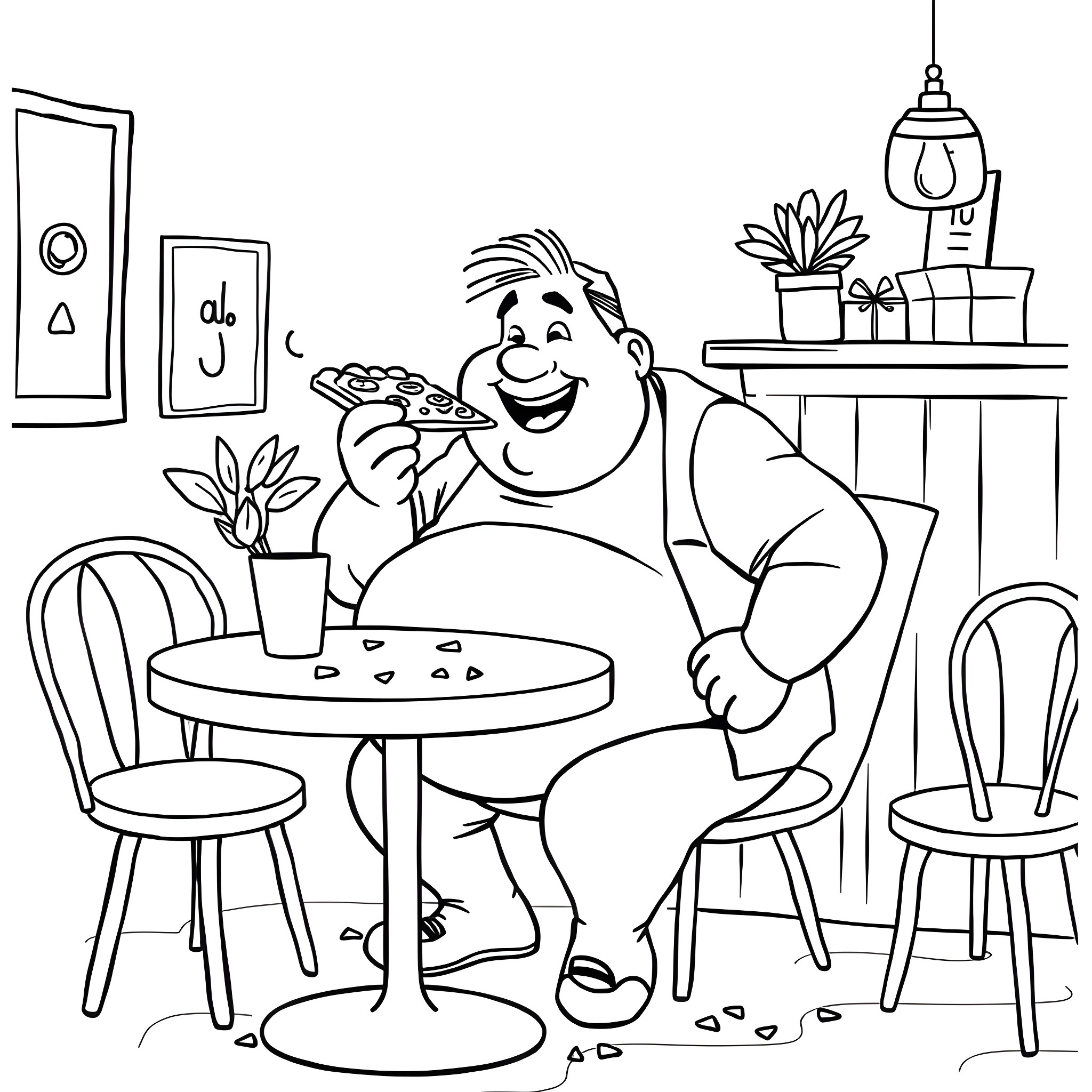 Man enjoying a meal at the kitchen table Coloring Page (free black-and-white line drawing printable PDF for all, from beginners to advanced learners, including children, teens, adults, and seniors)