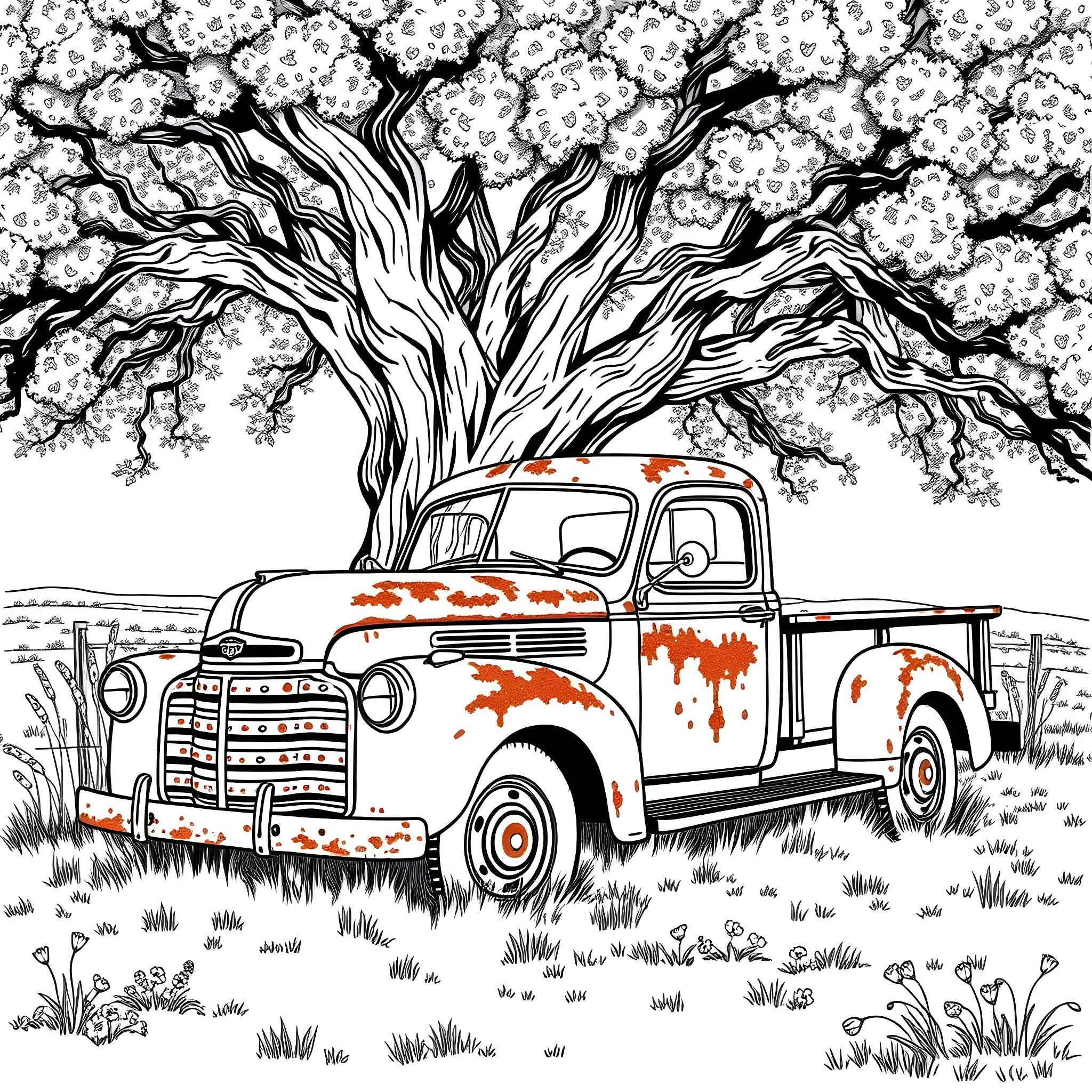 Truck Parked under Blooming Tree in Countryside Coloring Page (free black-and-white line drawing printable PDF for all, from beginners to advanced learners, including children, teens, adults, and seniors)