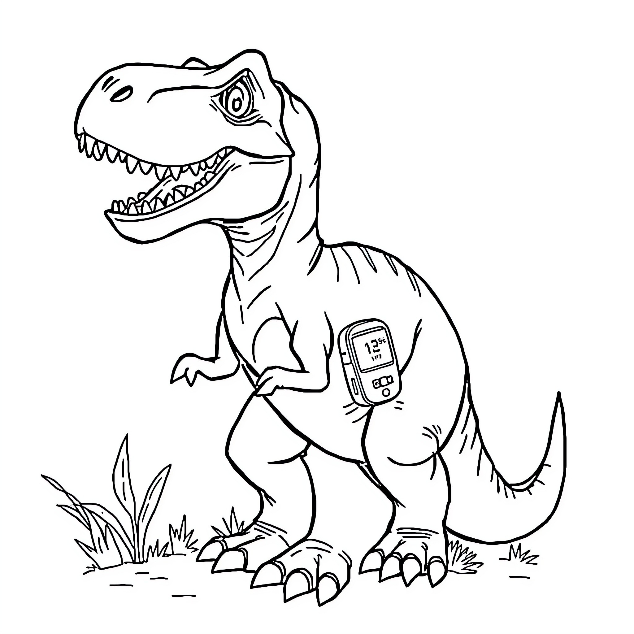 Dinosaur with electronic device in the wild Coloring Page (free black-and-white line drawing printable PDF for all, from beginners to advanced learners, including children, teens, adults, and seniors)