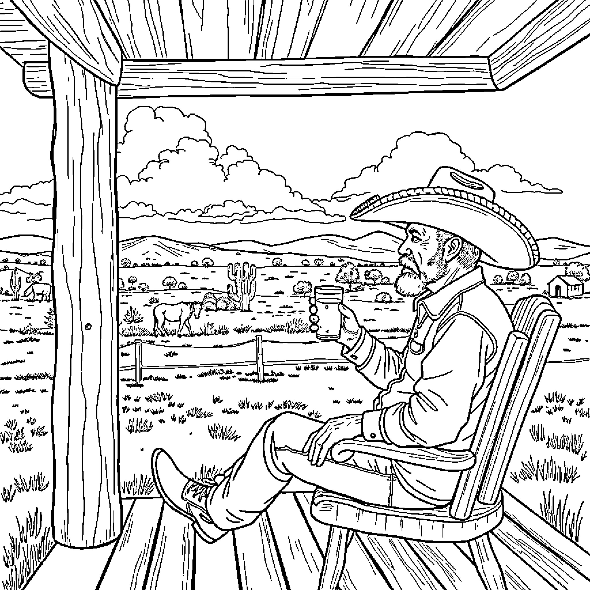 Man relaxing on porch with scenic countryside view Coloring Page (free black-and-white line drawing printable PDF for all, from beginners to advanced learners, including children, teens, adults, and seniors)