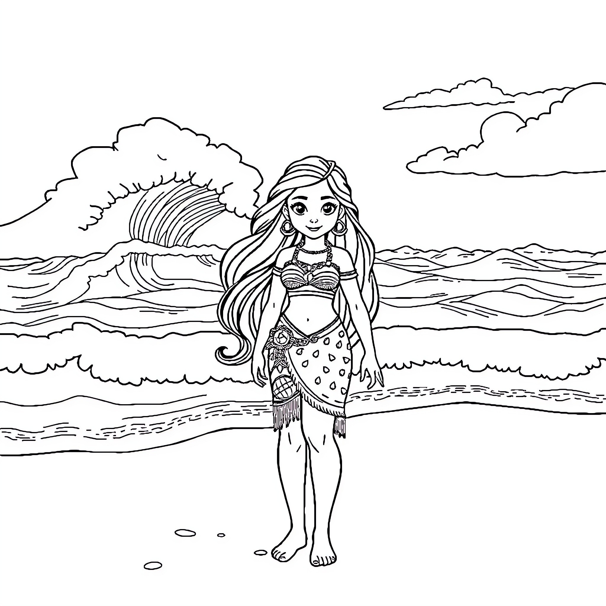 Vaiana exploring the ocean with curiosity Coloring Page (free black-and-white line drawing printable PDF for all, from beginners to advanced learners, including children, teens, adults, and seniors)
