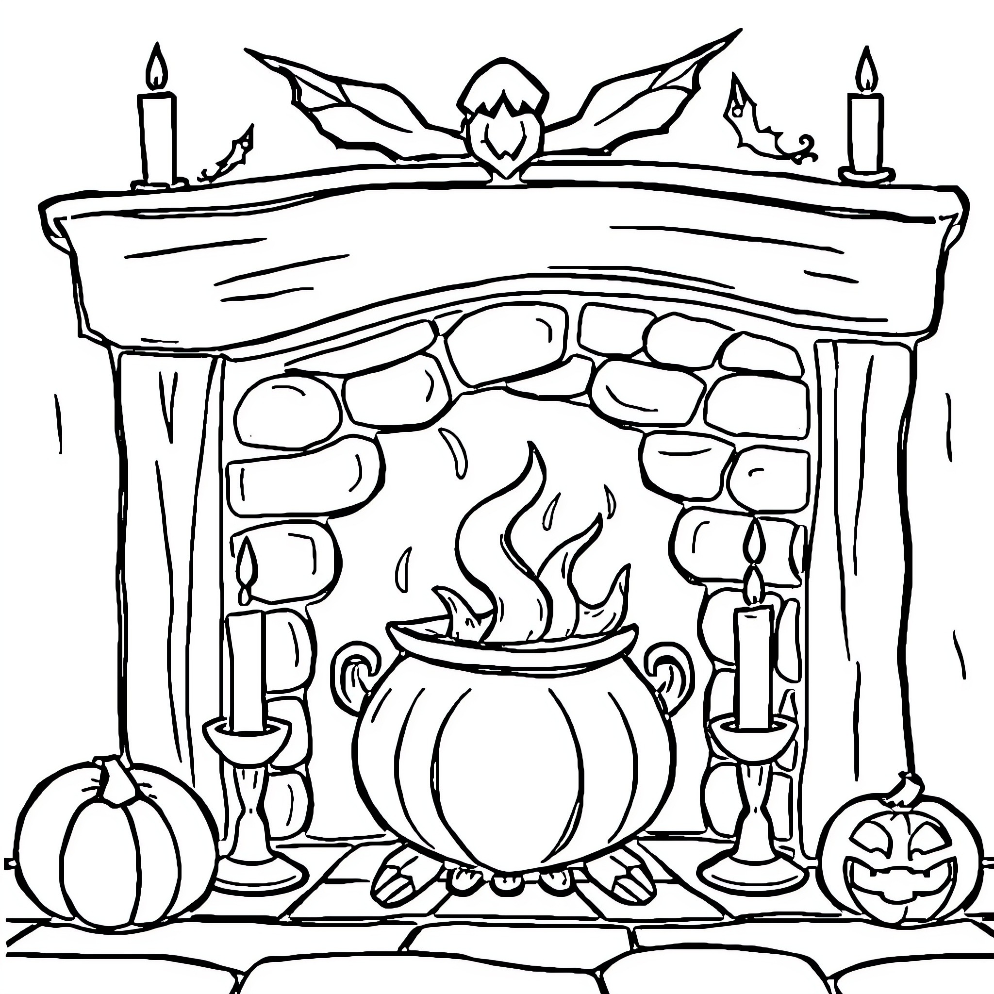 Fireplace with Halloween decorations Coloring Page (free black-and-white line drawing printable PDF for all, from beginners to advanced learners, including children, teens, adults, and seniors)