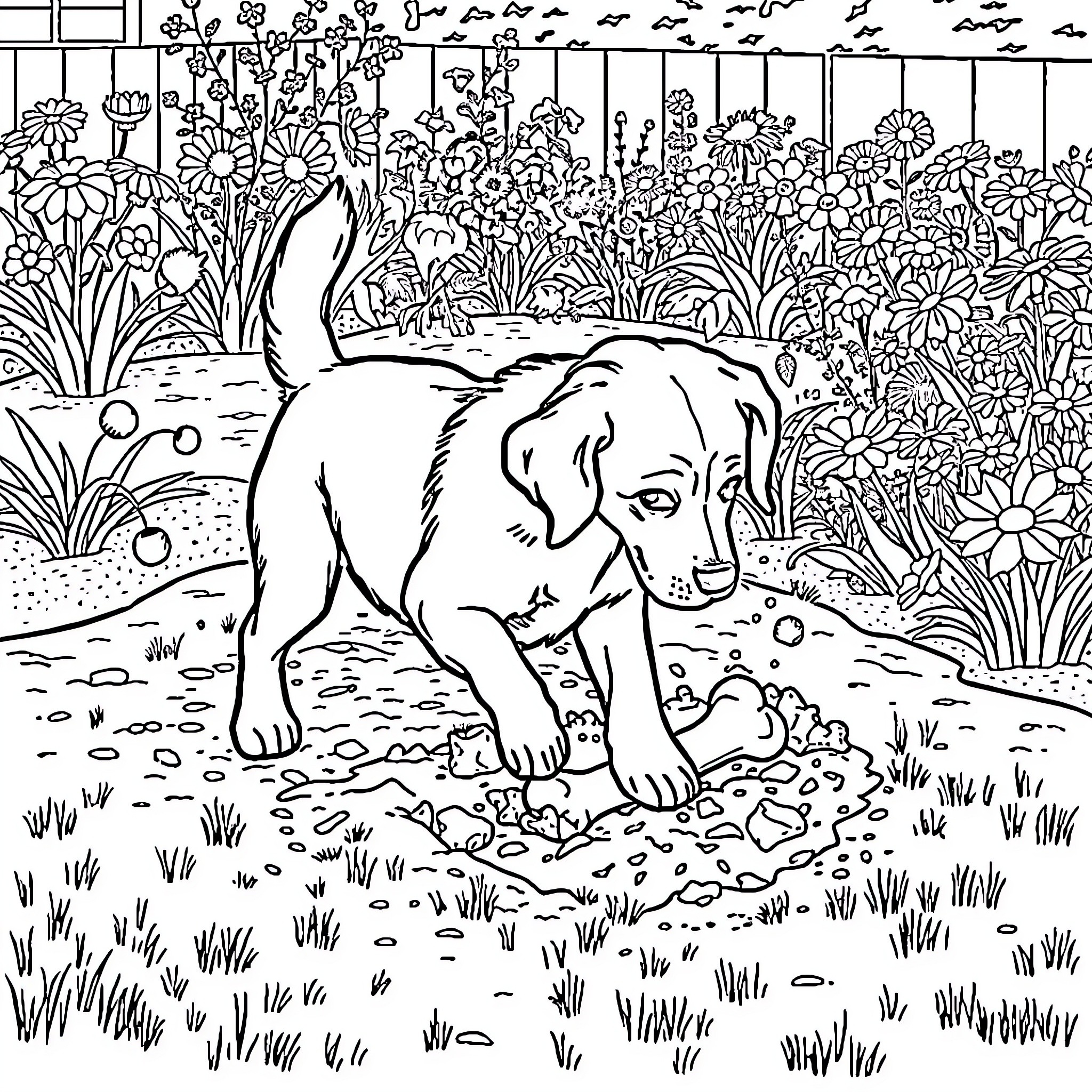Labrador exploring a lush garden Coloring Page (free black-and-white line drawing printable PDF for all, from beginners to advanced learners, including children, teens, adults, and seniors)