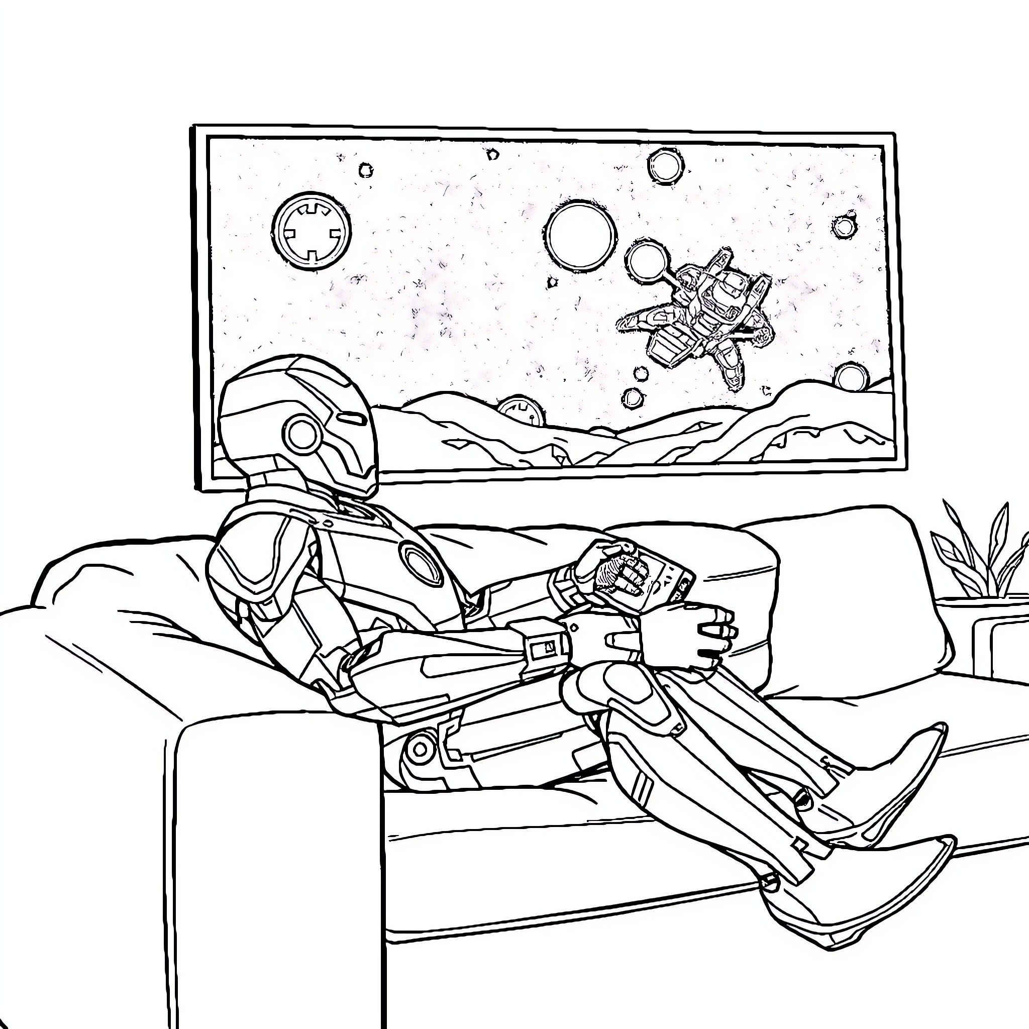 Ironman relaxing at home with futuristic artwork Coloring Page (free black-and-white line drawing printable PDF for all, from beginners to advanced learners, including children, teens, adults, and seniors)