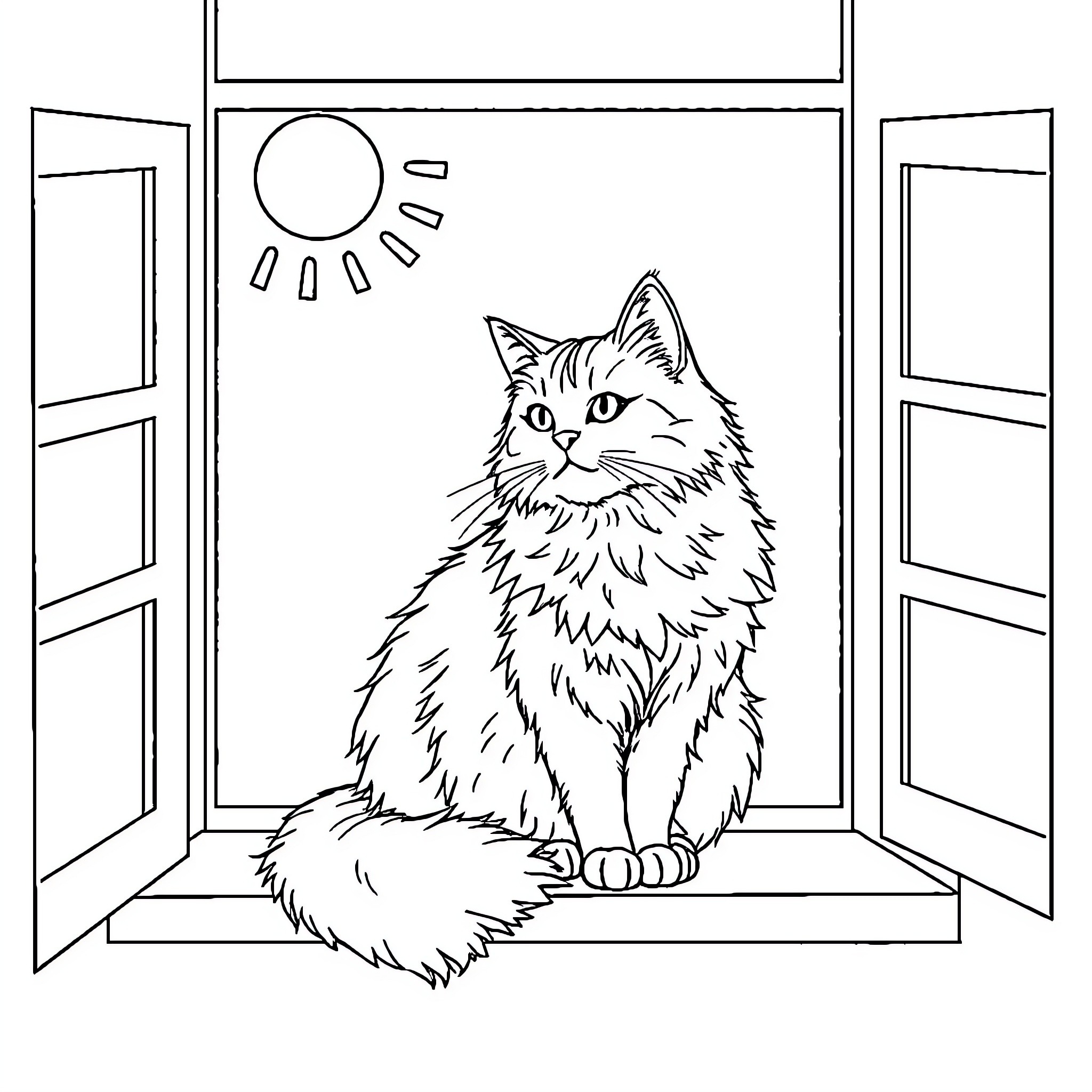 Cat sitting by window on sunny day Coloring Page (free black-and-white line drawing printable PDF for all, from beginners to advanced learners, including children, teens, adults, and seniors)