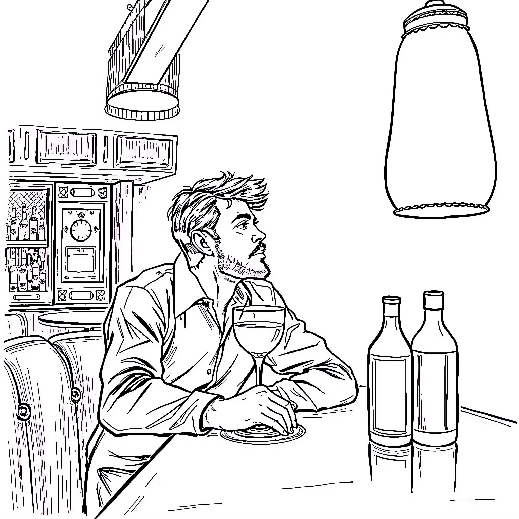 Man contemplating over a glass of wine in a bar Coloring Page (free black-and-white line drawing printable PDF for all, from beginners to advanced learners, including children, teens, adults, and seniors)