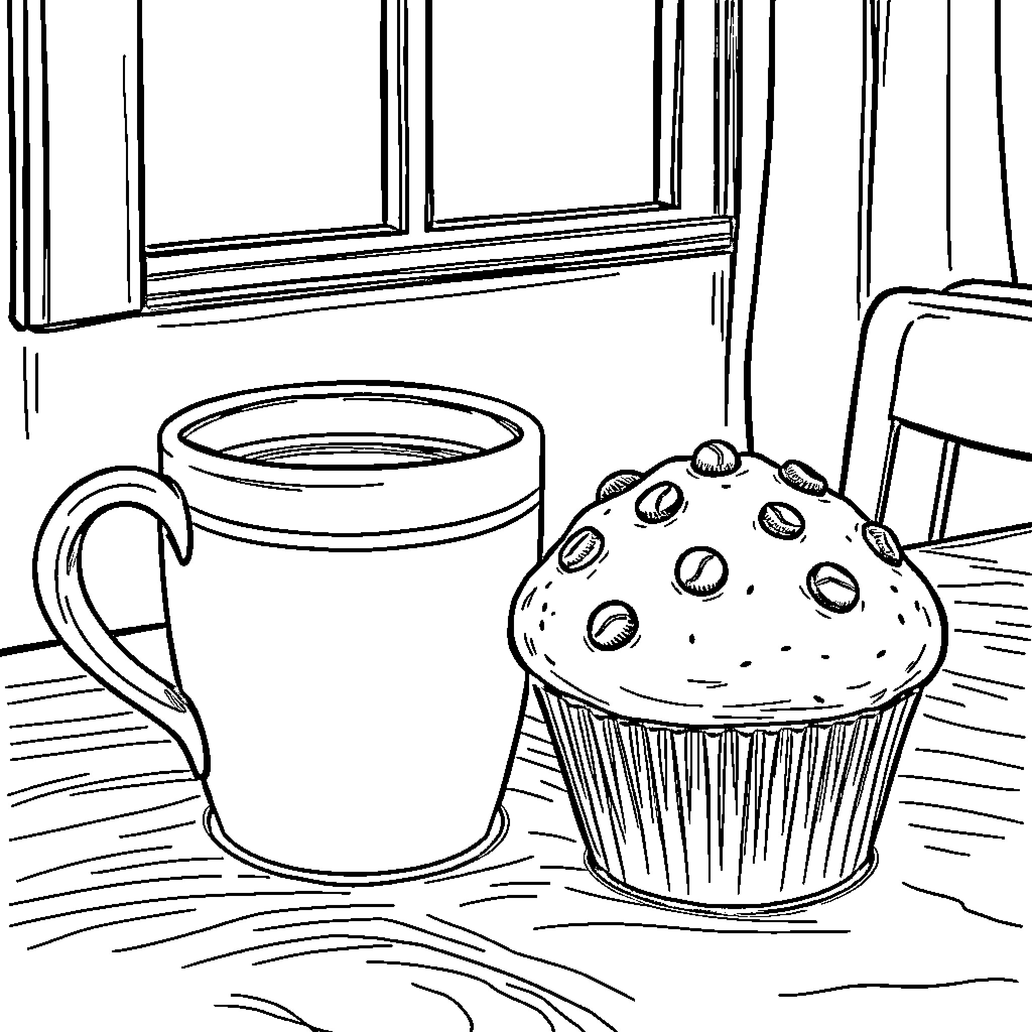 Coffee Mug and Cupcake in Cozy Home Setting Coloring Page (free black-and-white line drawing printable PDF for all, from beginners to advanced learners, including children, teens, adults, and seniors)