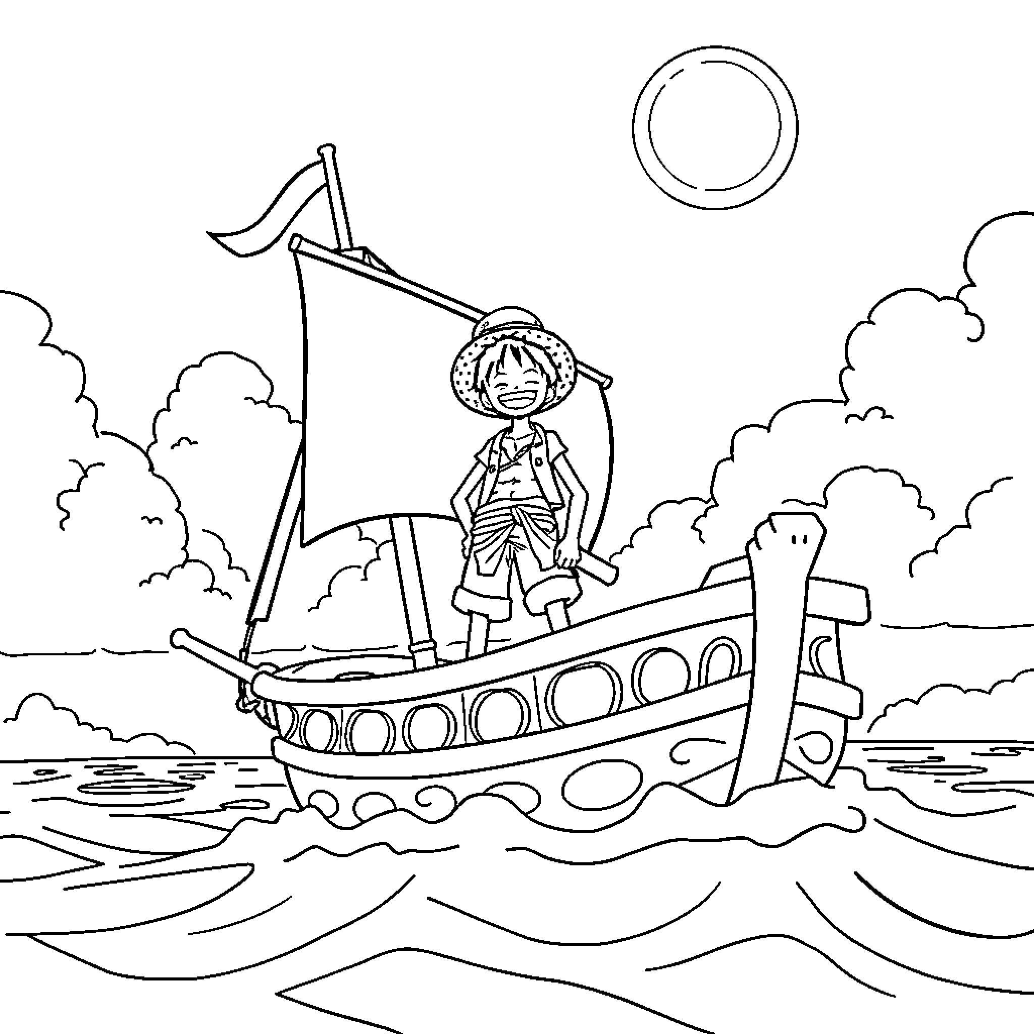 Luffy sailing the high seas on his ship Coloring Page (free black-and-white line drawing printable PDF for all, from beginners to advanced learners, including children, teens, adults, and seniors)