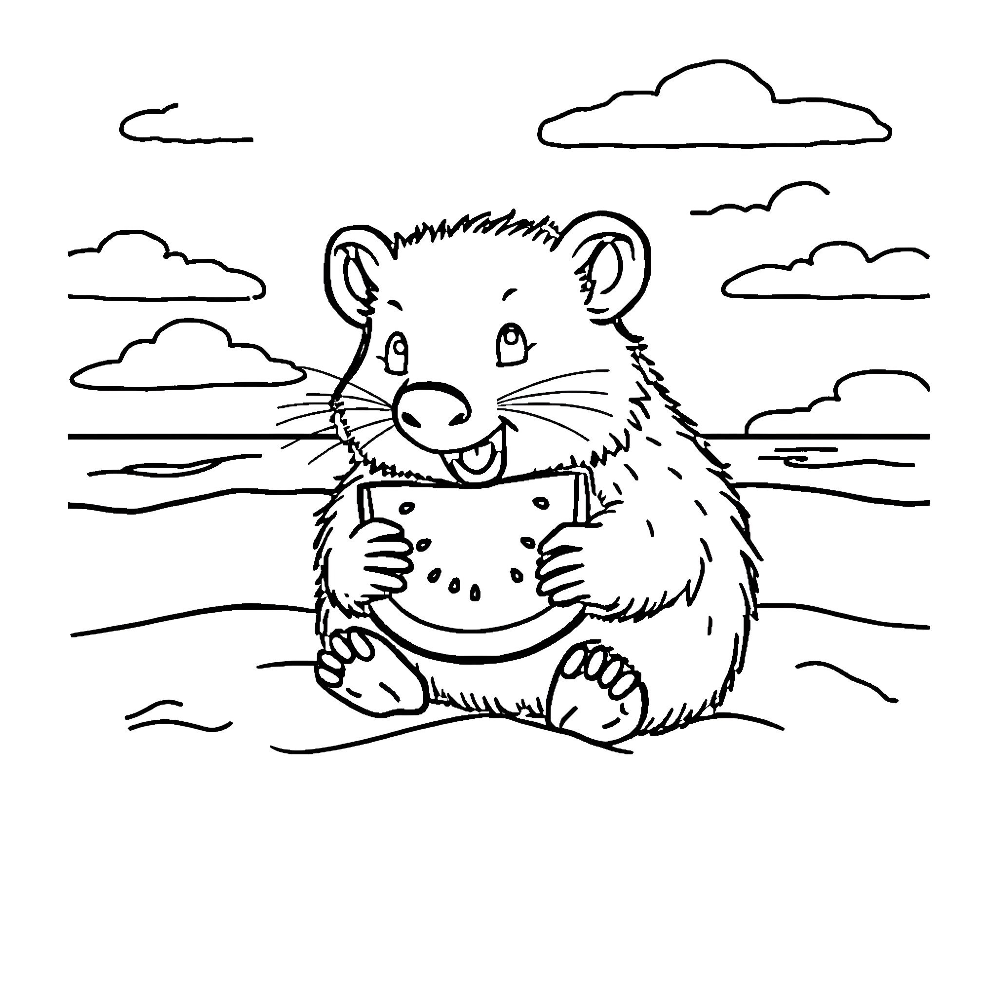 Wombat enjoying a sunny day near the water Coloring Page (free black-and-white line drawing printable PDF for all, from beginners to advanced learners, including children, teens, adults, and seniors)