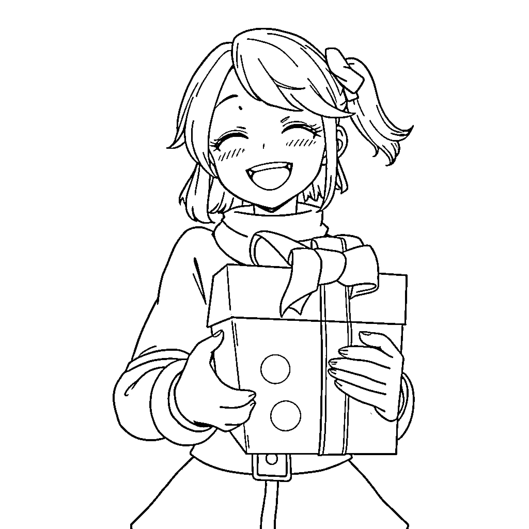 Kristina happily holding a gift Coloring Page (free black-and-white line drawing printable PDF for all, from beginners to advanced learners, including children, teens, adults, and seniors)