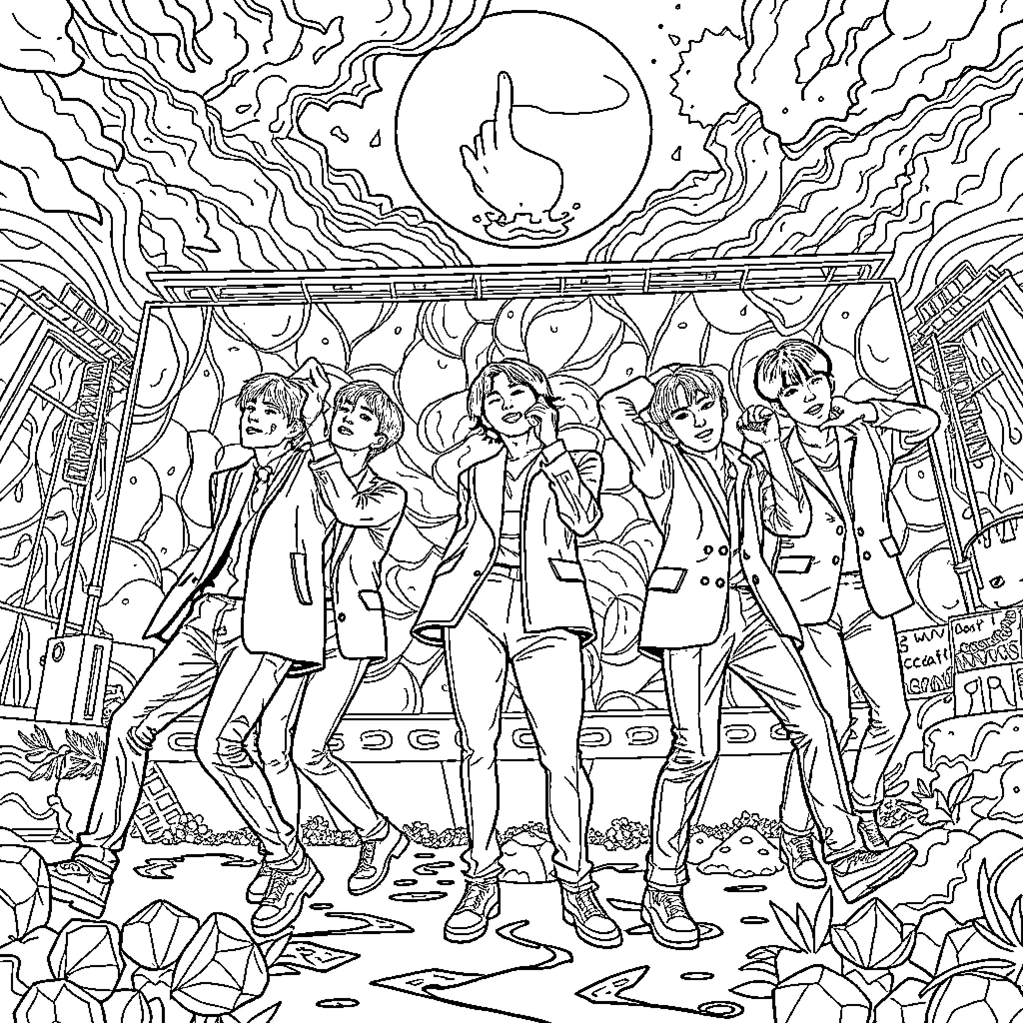 BTS Performing Under the Moonlight Coloring Page (free black-and-white line drawing printable PDF for all, from beginners to advanced learners, including children, teens, adults, and seniors)
