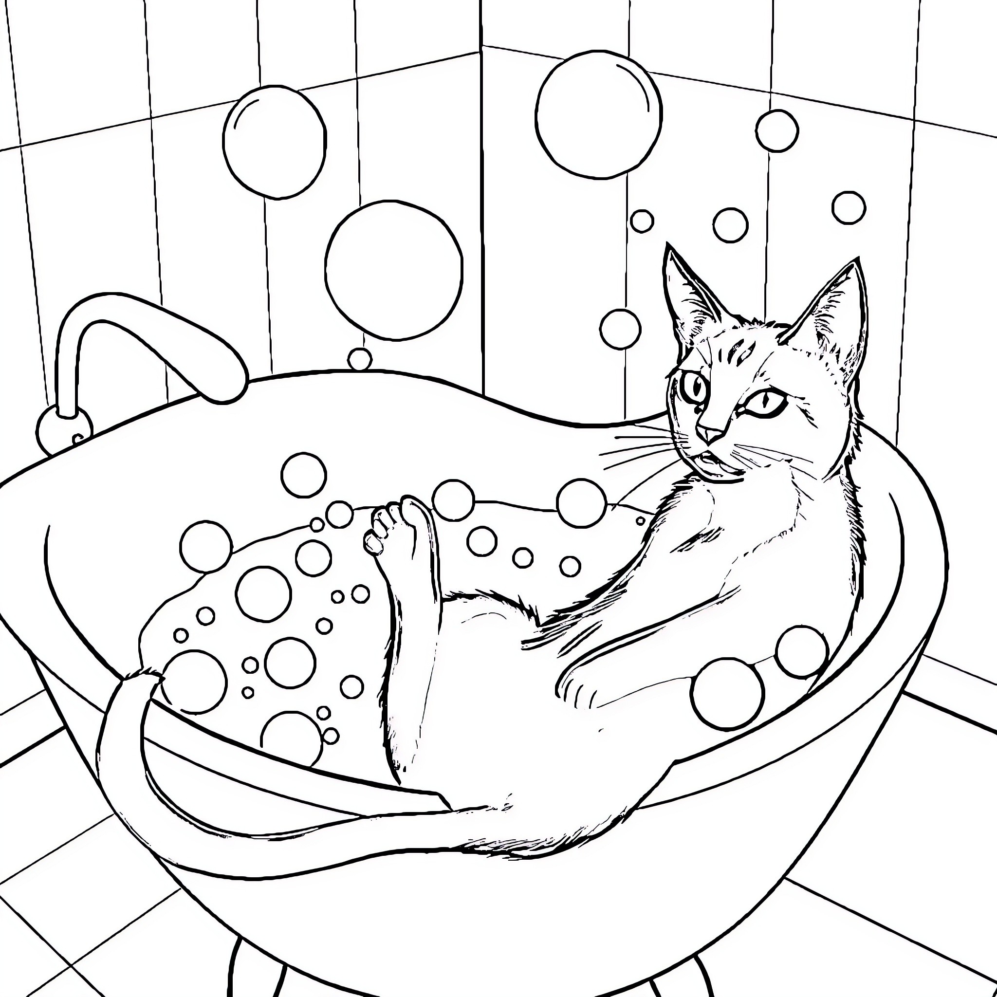 Cat Relaxing in Bubbling Bath Coloring Page (free black-and-white line drawing printable PDF for all, from beginners to advanced learners, including children, teens, adults, and seniors)