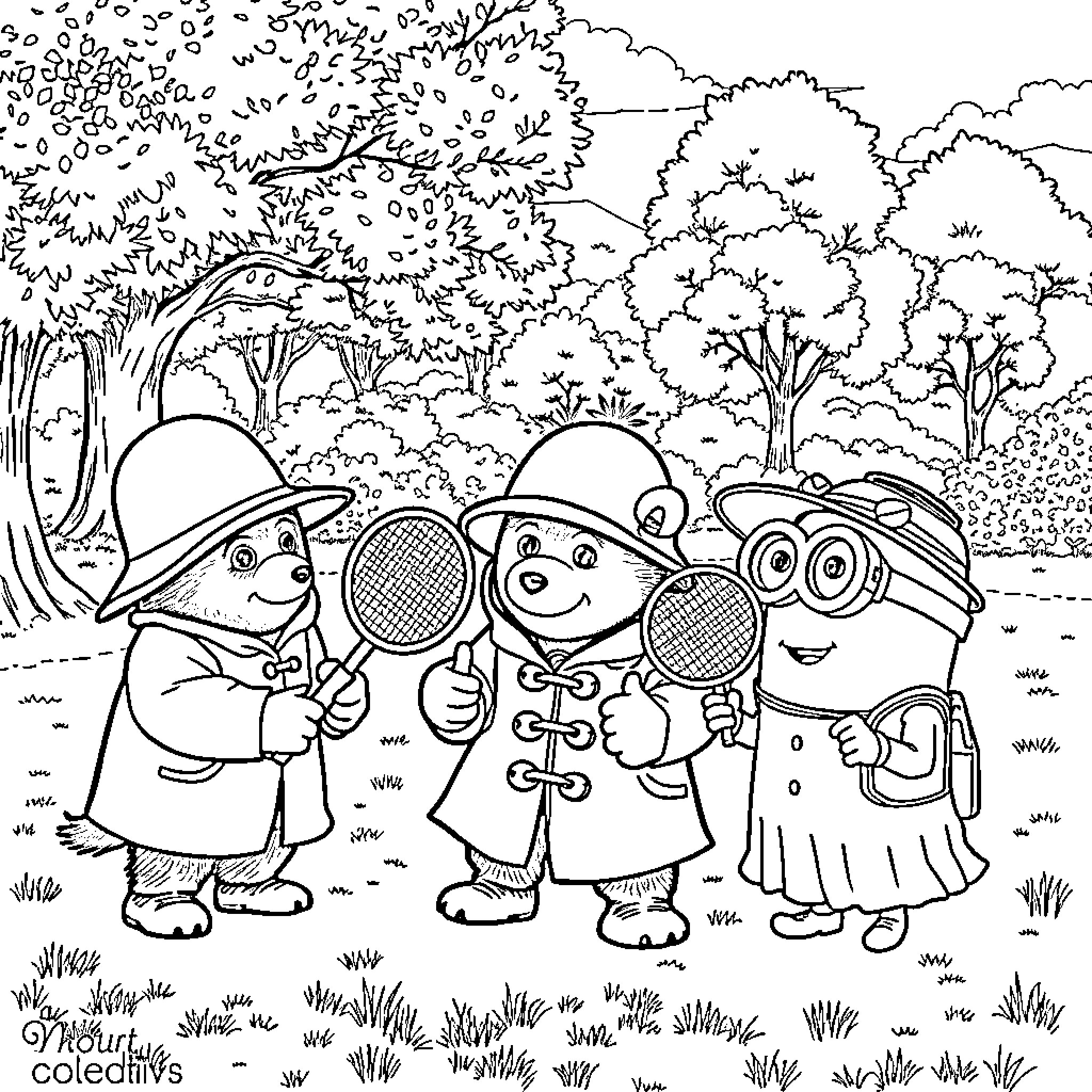 Paddington and Friends Explore the Forest Landscape Coloring Page (free black-and-white line drawing printable PDF for all, from beginners to advanced learners, including children, teens, adults, and seniors)