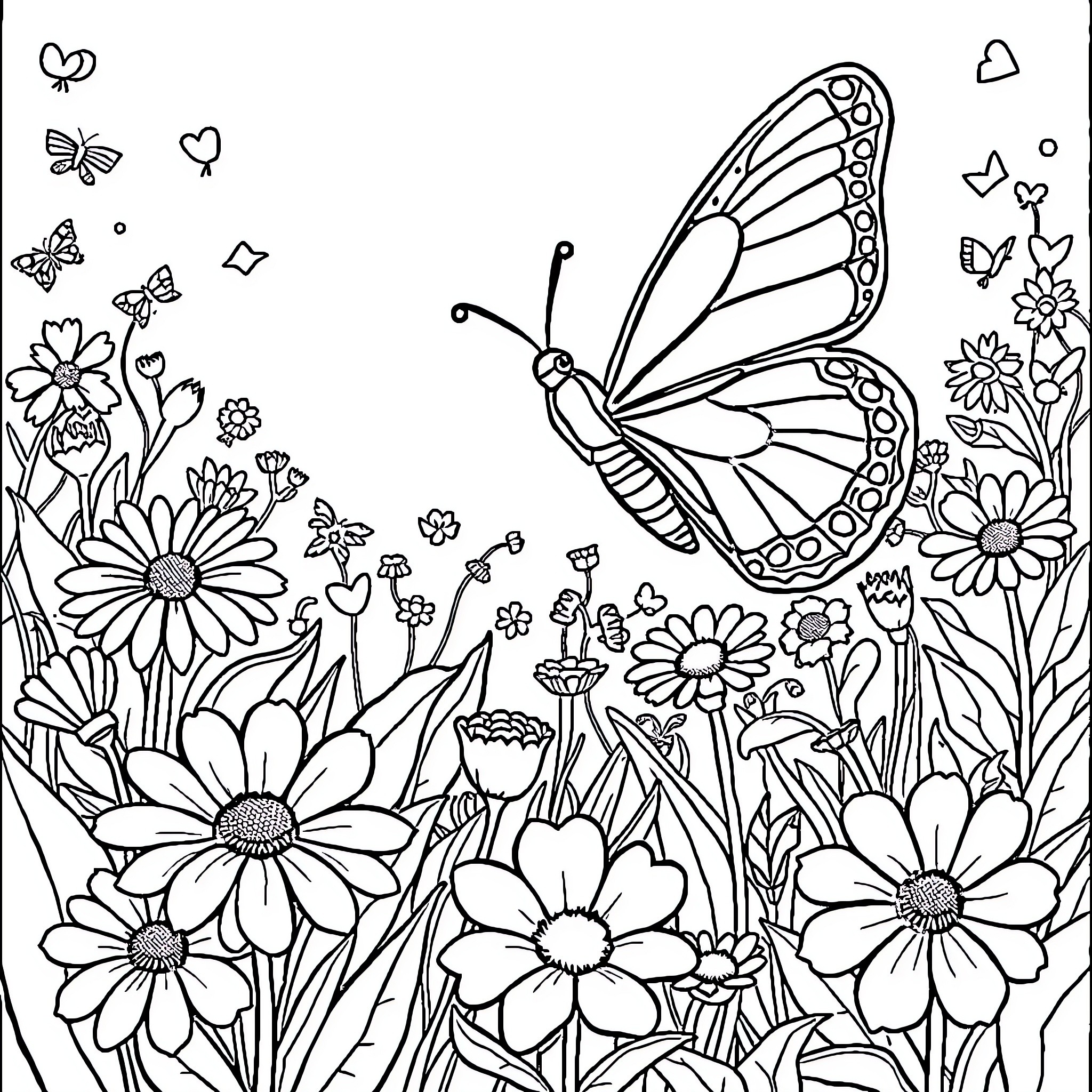 Butterfly surrounded by vibrant floral garden Coloring Page (free black-and-white line drawing printable PDF for all, from beginners to advanced learners, including children, teens, adults, and seniors)