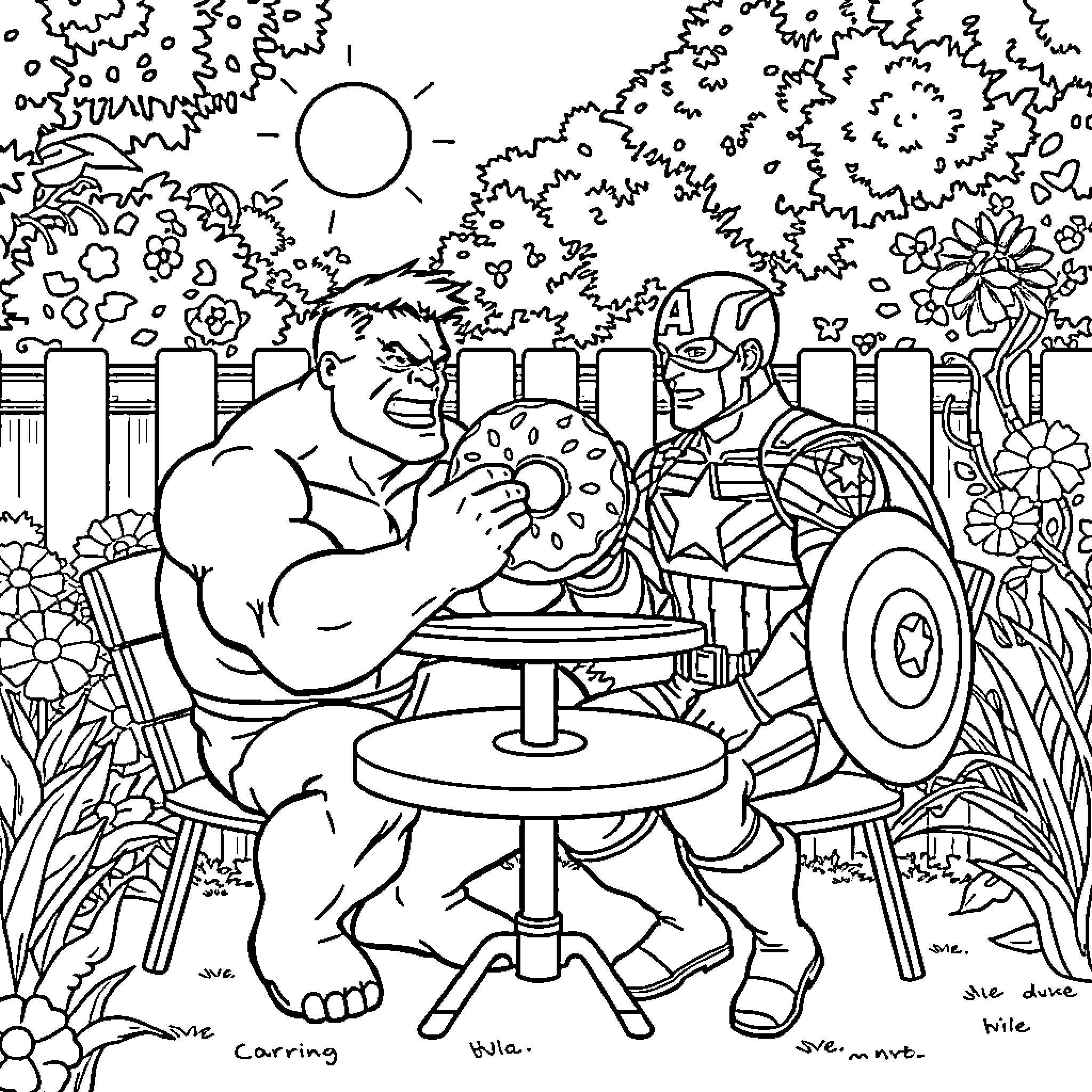Hulk enjoying a tasty snack with robotic companion Coloring Page (free black-and-white line drawing printable PDF for all, from beginners to advanced learners, including children, teens, adults, and seniors)