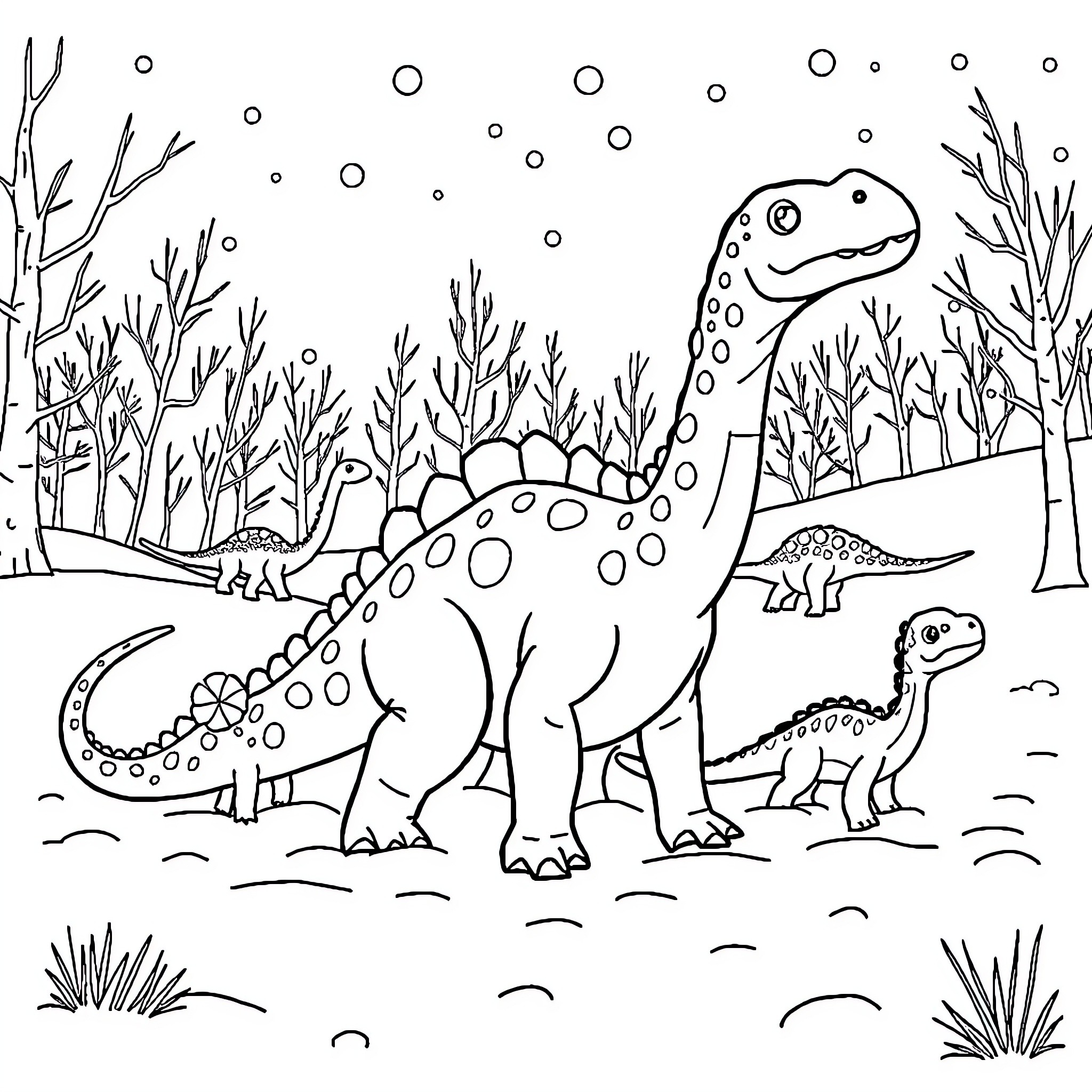 Diplodocus Dinosaurs Exploring Prehistoric Landscape Coloring Page (free black-and-white line drawing printable PDF for all, from beginners to advanced learners, including children, teens, adults, and seniors)