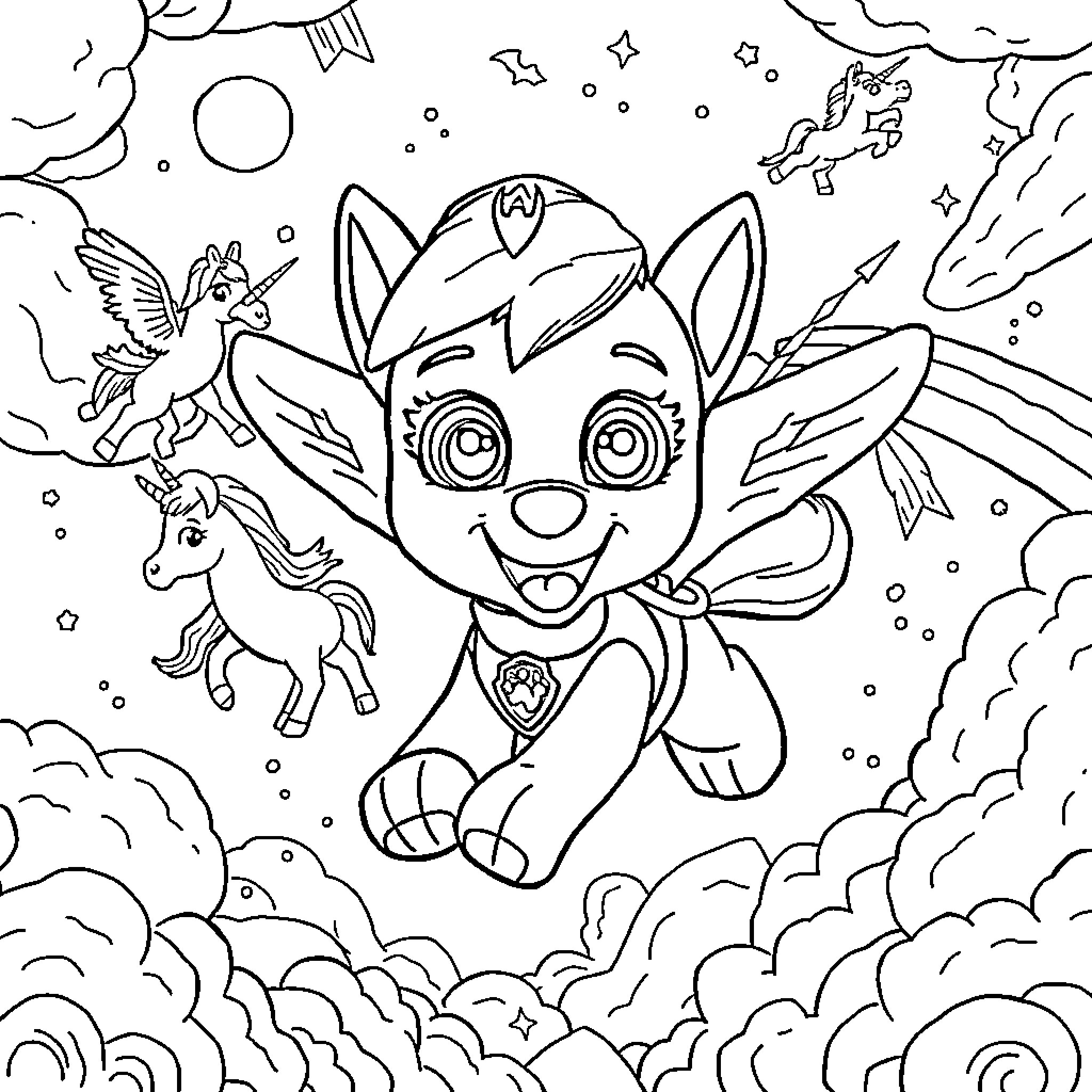 Skye exploring the fantasy world with magical creatures Coloring Page (free black-and-white line drawing printable PDF for all, from beginners to advanced learners, including children, teens, adults, and seniors)