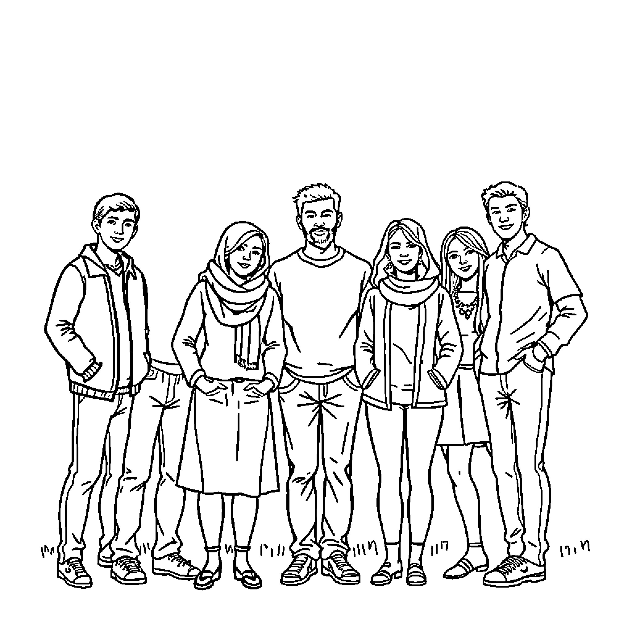 Seven Friends Gathered Together Coloring Page (free black-and-white line drawing printable PDF for all, from beginners to advanced learners, including children, teens, adults, and seniors)