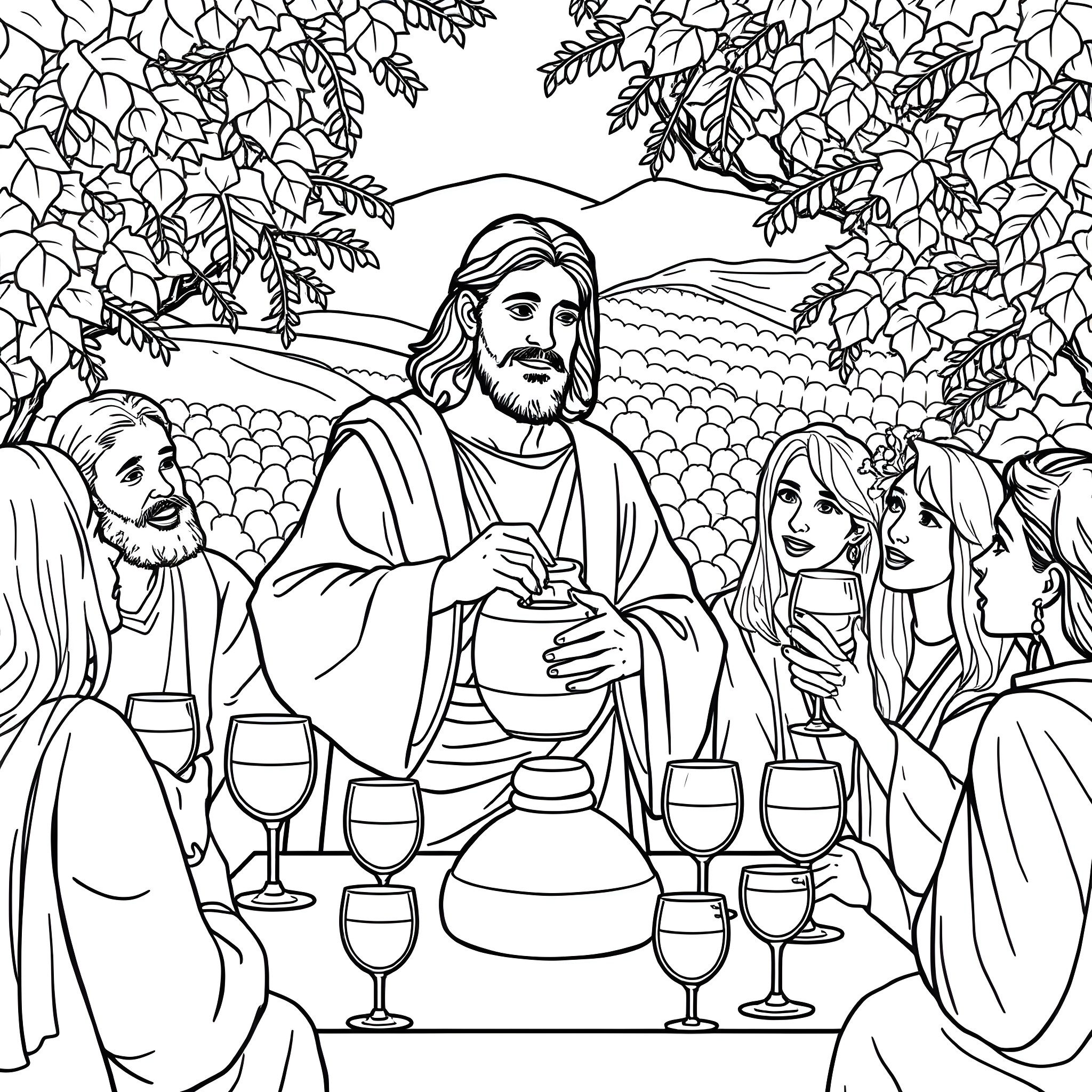 Jesus sharing a meal with his disciples in the garden Coloring Page (free black-and-white line drawing printable PDF for all, from beginners to advanced learners, including children, teens, adults, and seniors)