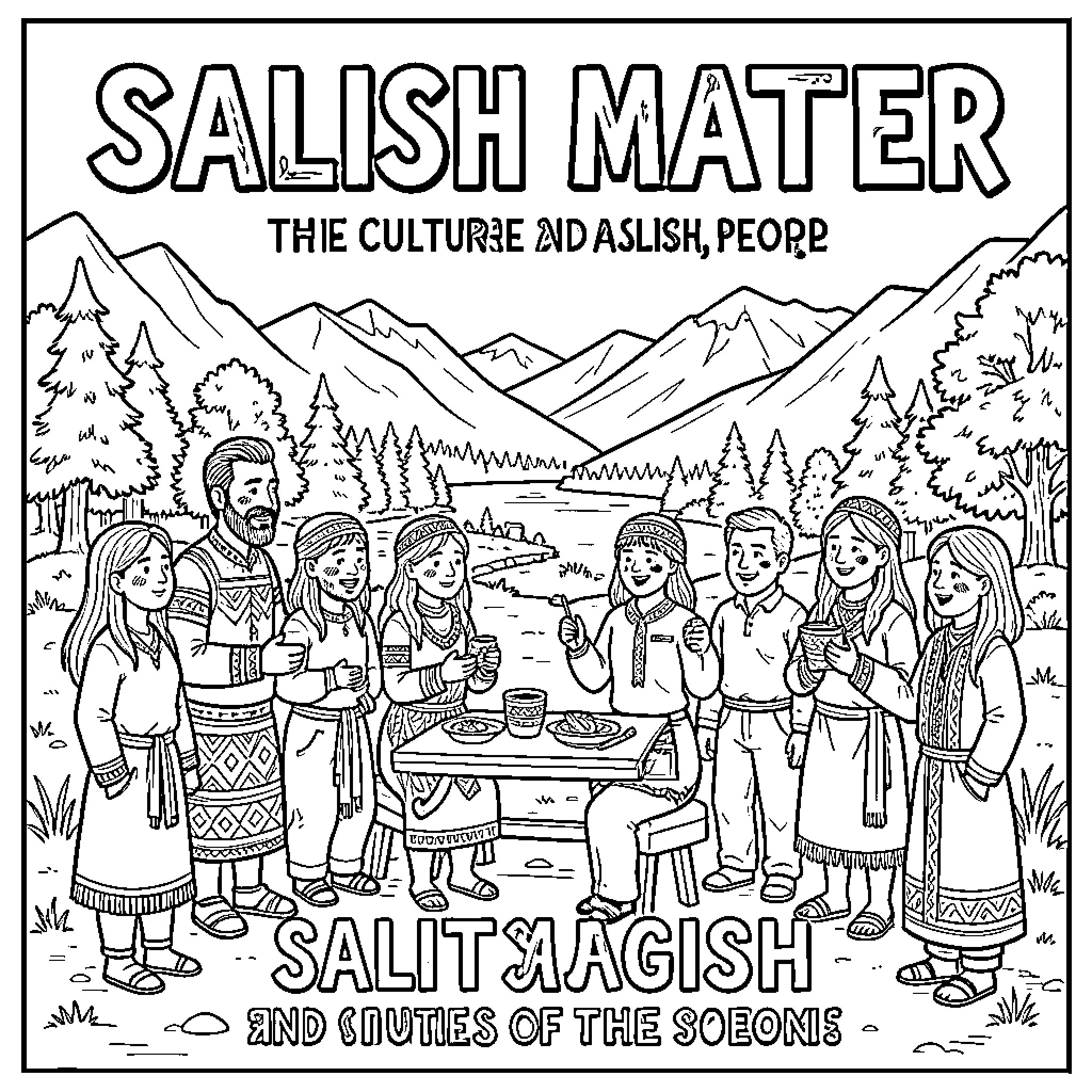 Salish Matter people gathering and eating together outdoors Coloring Page (free black-and-white line drawing printable PDF for all, from beginners to advanced learners, including children, teens, adults, and seniors)