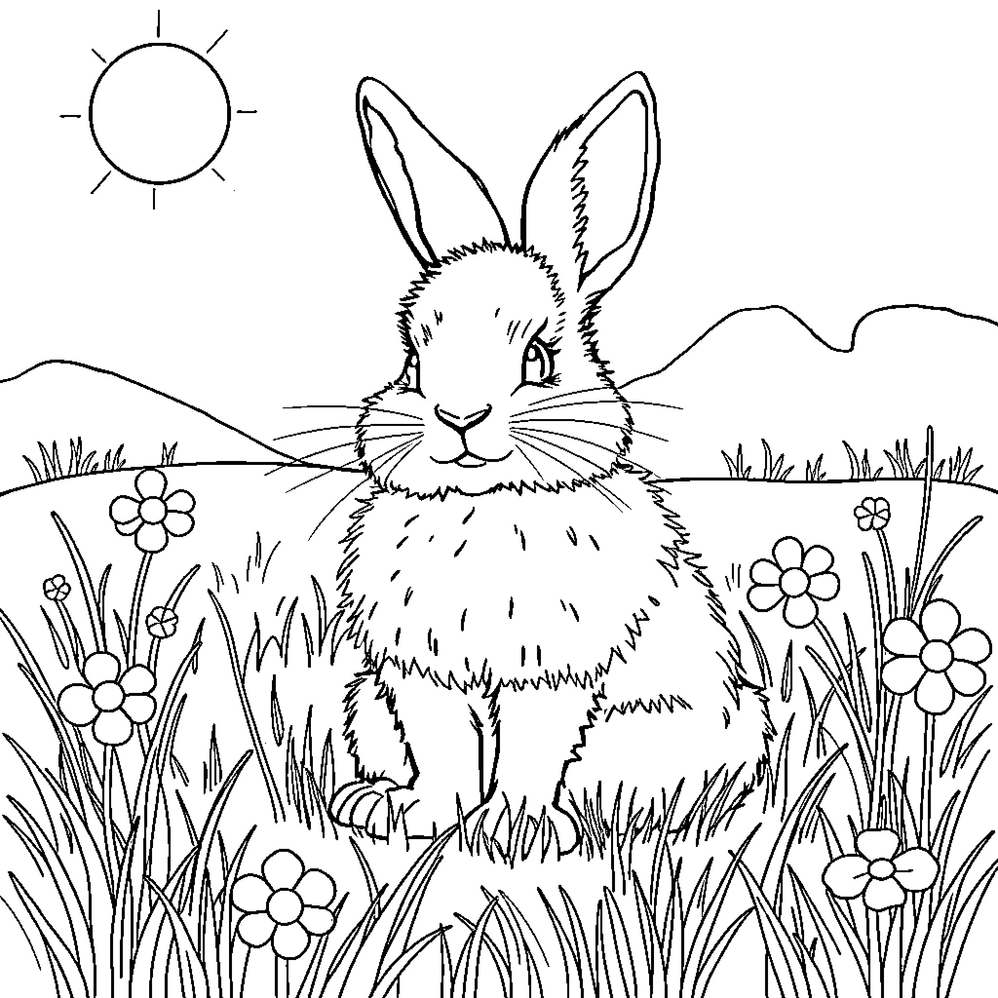 Bunny sitting in a flower-filled meadow Coloring Page (free black-and-white line drawing printable PDF for all, from beginners to advanced learners, including children, teens, adults, and seniors)