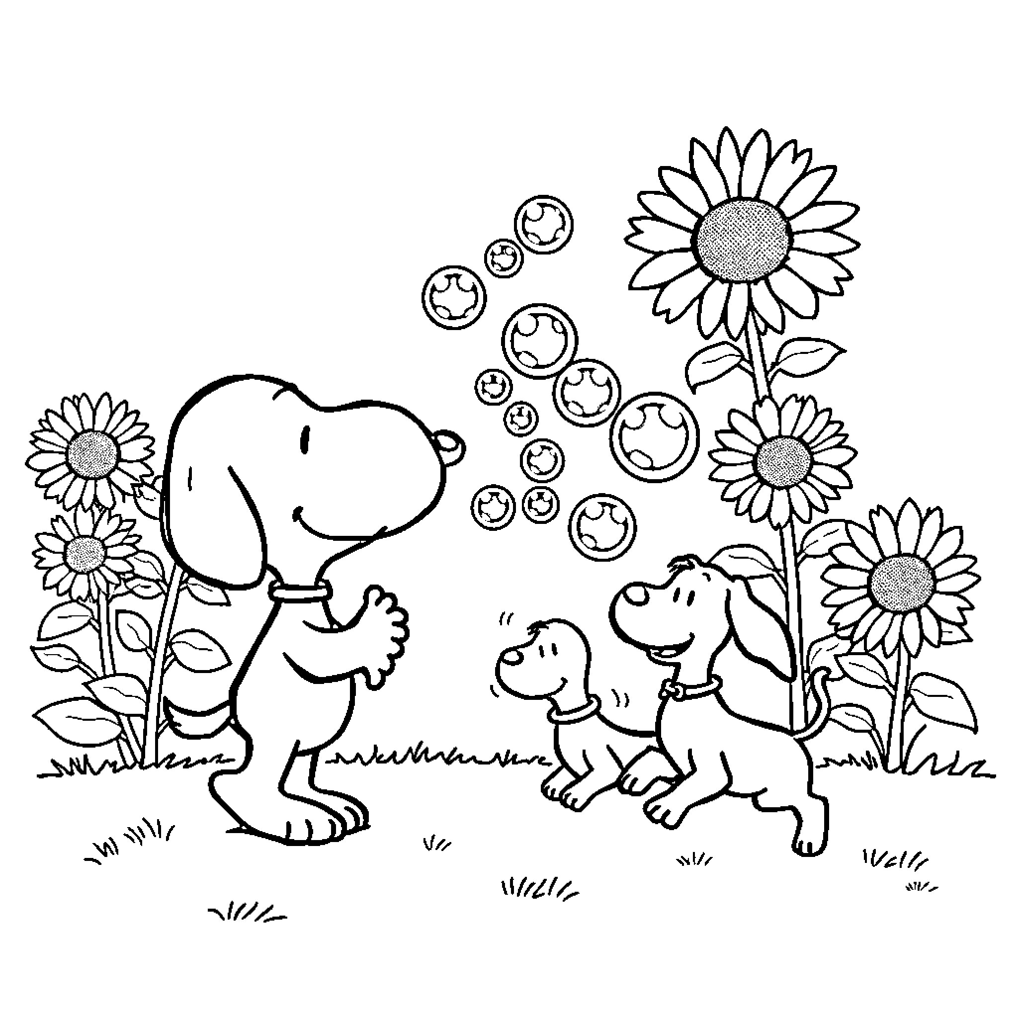Snoopy and friends playing with bubbles in the garden Coloring Page (free black-and-white line drawing printable PDF for all, from beginners to advanced learners, including children, teens, adults, and seniors)