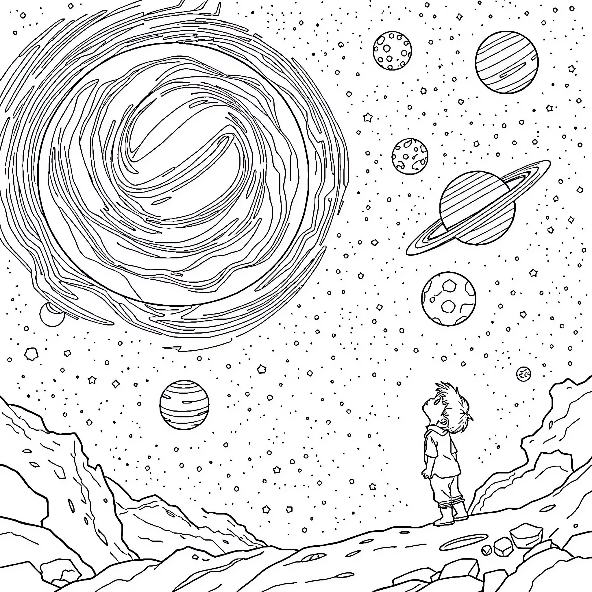 Boy gazing at the cosmic wonders in the night sky Coloring Page (free black-and-white line drawing printable PDF for all, from beginners to advanced learners, including children, teens, adults, and seniors)