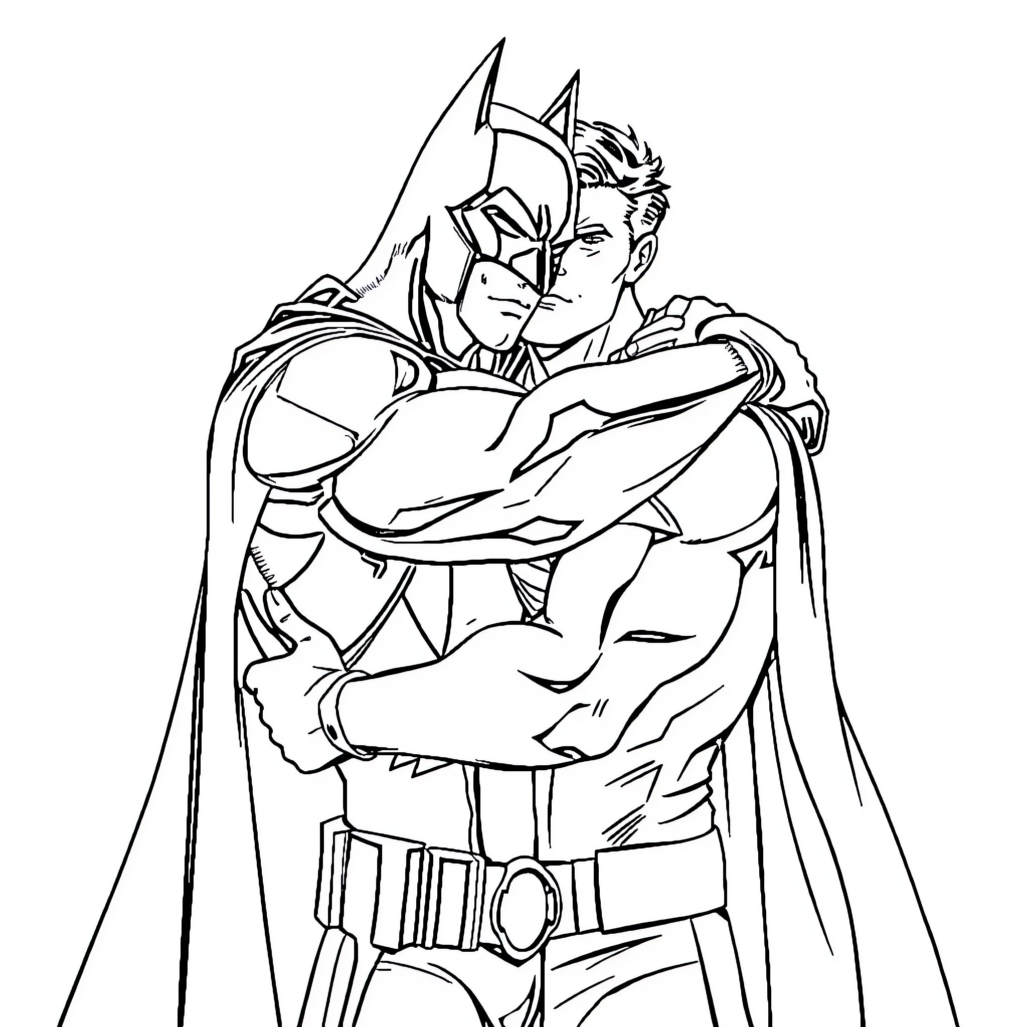 Batman in heroic pose with cape and cowl Coloring Page (free black-and-white line drawing printable PDF for all, from beginners to advanced learners, including children, teens, adults, and seniors)