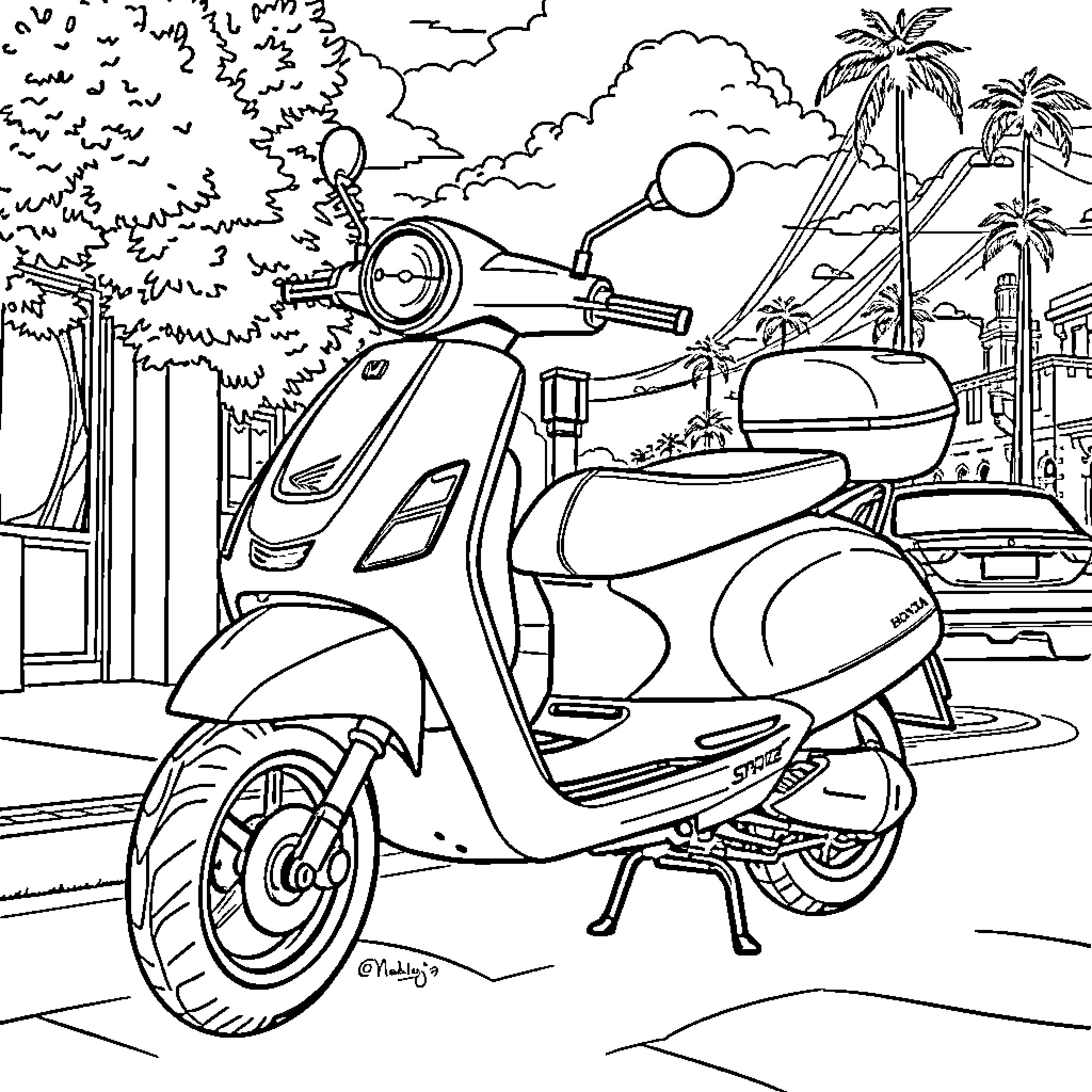 Honda Spree scooter in a tropical town Coloring Page (free black-and-white line drawing printable PDF for all, from beginners to advanced learners, including children, teens, adults, and seniors)