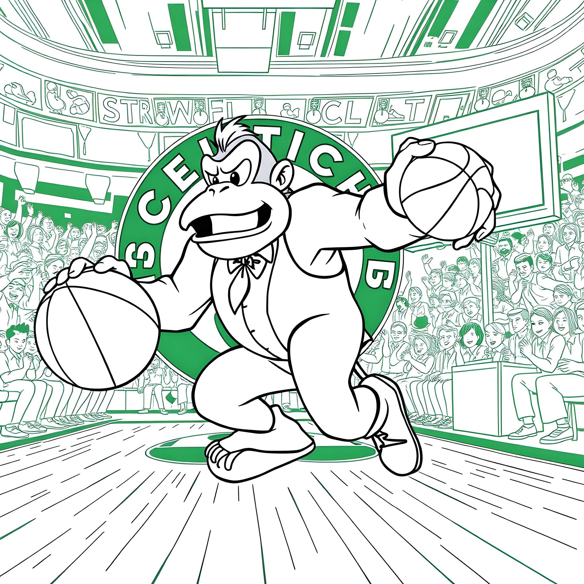 Donkey Kong playing basketball energetically on the court Coloring Page (free black-and-white line drawing printable PDF for all, from beginners to advanced learners, including children, teens, adults, and seniors)