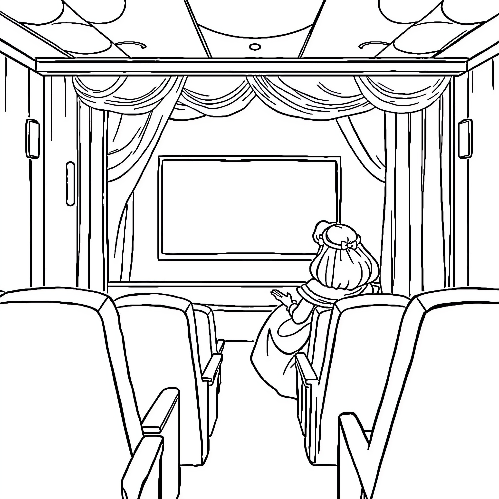 Beauty And The Beast Watching A Performance Coloring Page (free black-and-white line drawing printable PDF for all, from beginners to advanced learners, including children, teens, adults, and seniors)