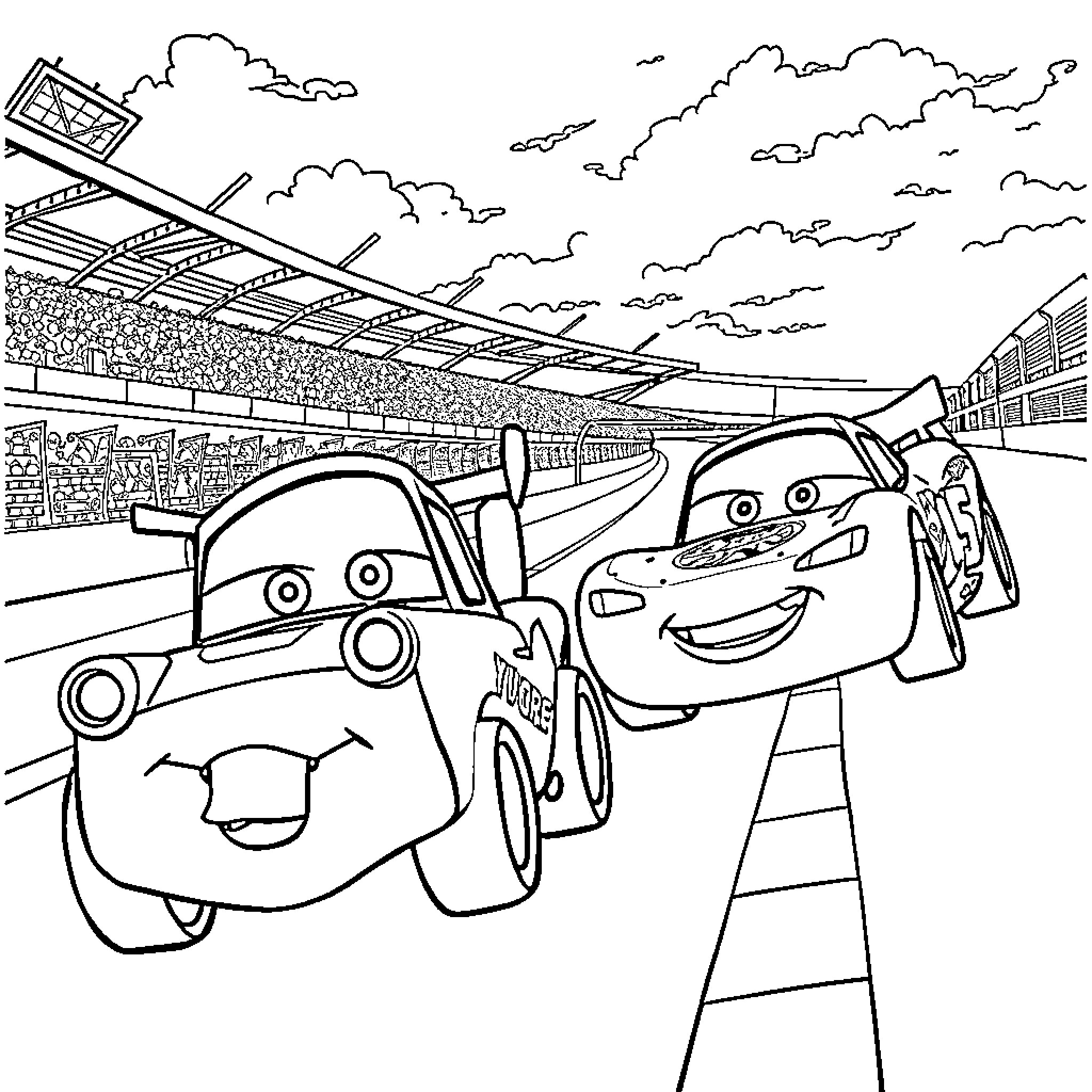Tow Mater and Lightning McQueen racing on a track Coloring Page (free black-and-white line drawing printable PDF for all, from beginners to advanced learners, including children, teens, adults, and seniors)