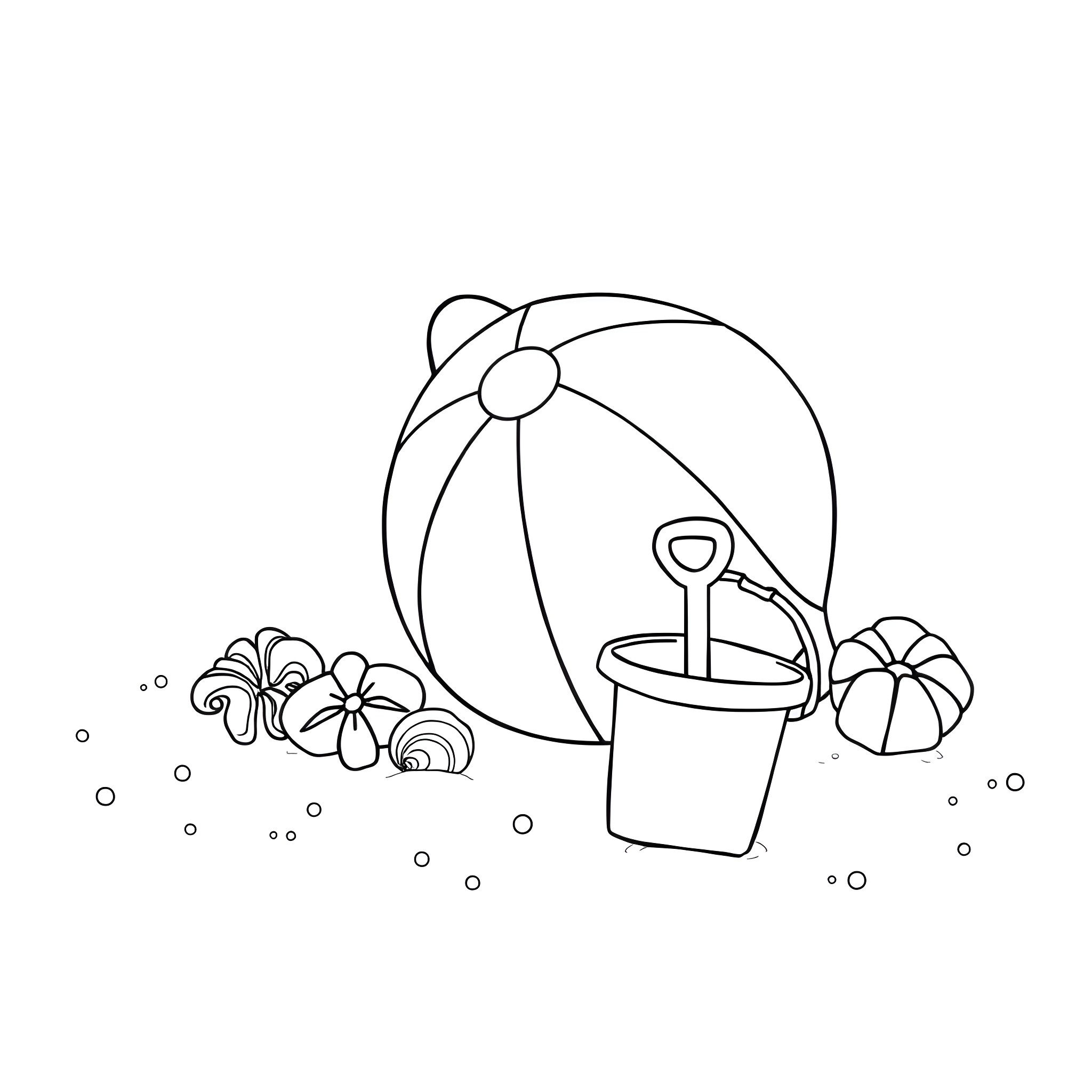 Beach Item Playtime on the Sand Coloring Page (free black-and-white line drawing printable PDF for all, from beginners to advanced learners, including children, teens, adults, and seniors)