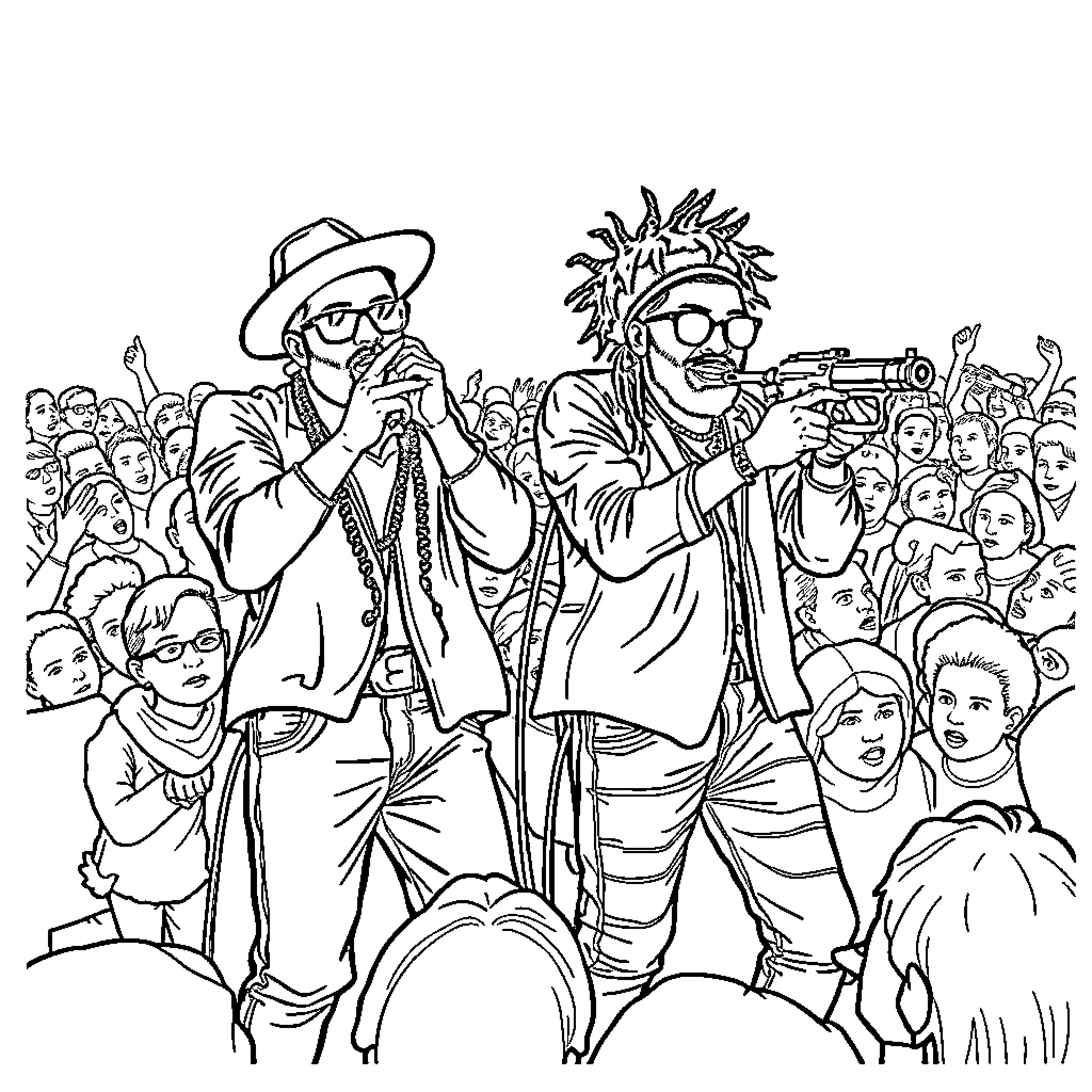 Dub Pistols performing energetic live show with excited audience Coloring Page (free black-and-white line drawing printable PDF for all, from beginners to advanced learners, including children, teens, adults, and seniors)