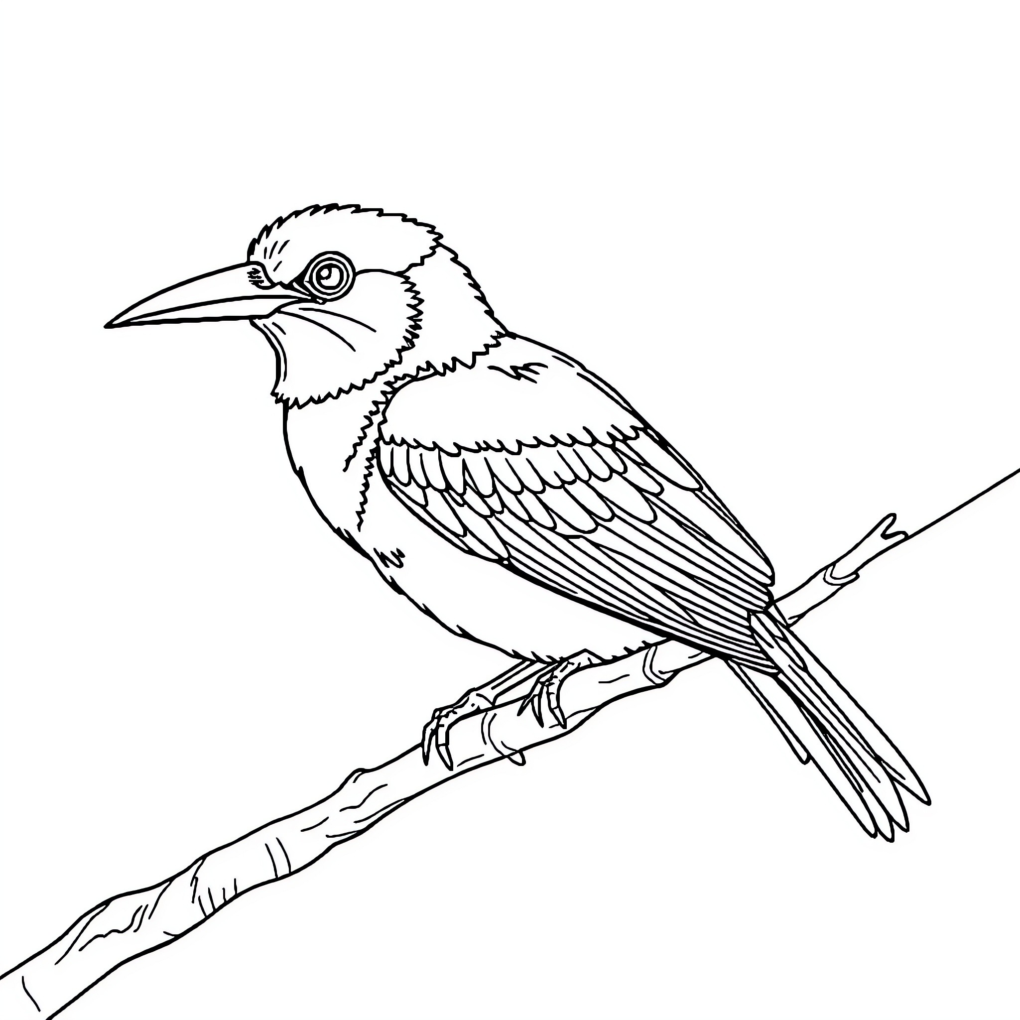 Bird perched on branch with detailed feathers Coloring Page (free black-and-white line drawing printable PDF for all, from beginners to advanced learners, including children, teens, adults, and seniors)