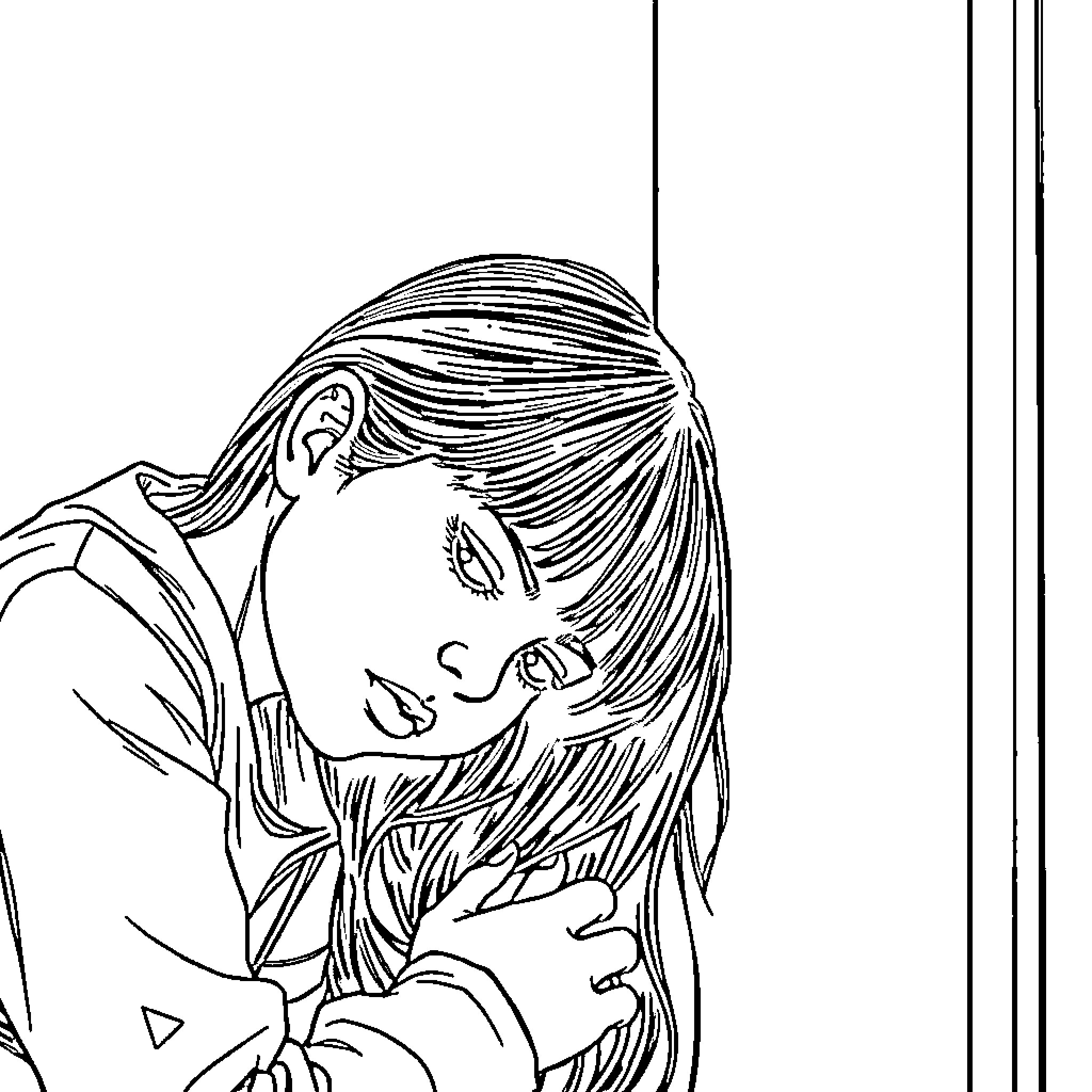 Girl with long wavy hair gazing thoughtfully Coloring Page (free black-and-white line drawing printable PDF for all, from beginners to advanced learners, including children, teens, adults, and seniors)
