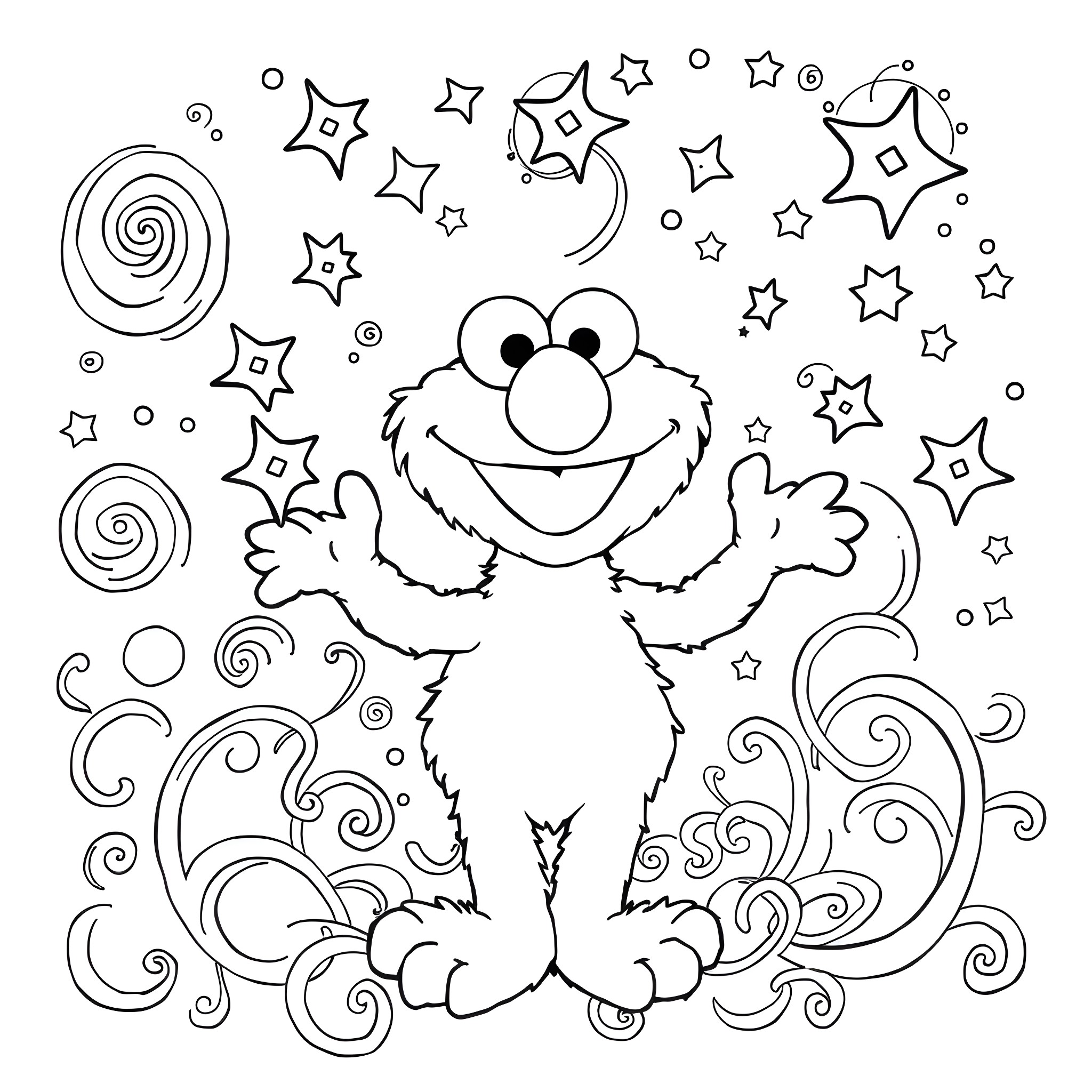 Elmo's Playful Starry Escapade Coloring Page (free black-and-white line drawing printable PDF for all, from beginners to advanced learners, including children, teens, adults, and seniors)