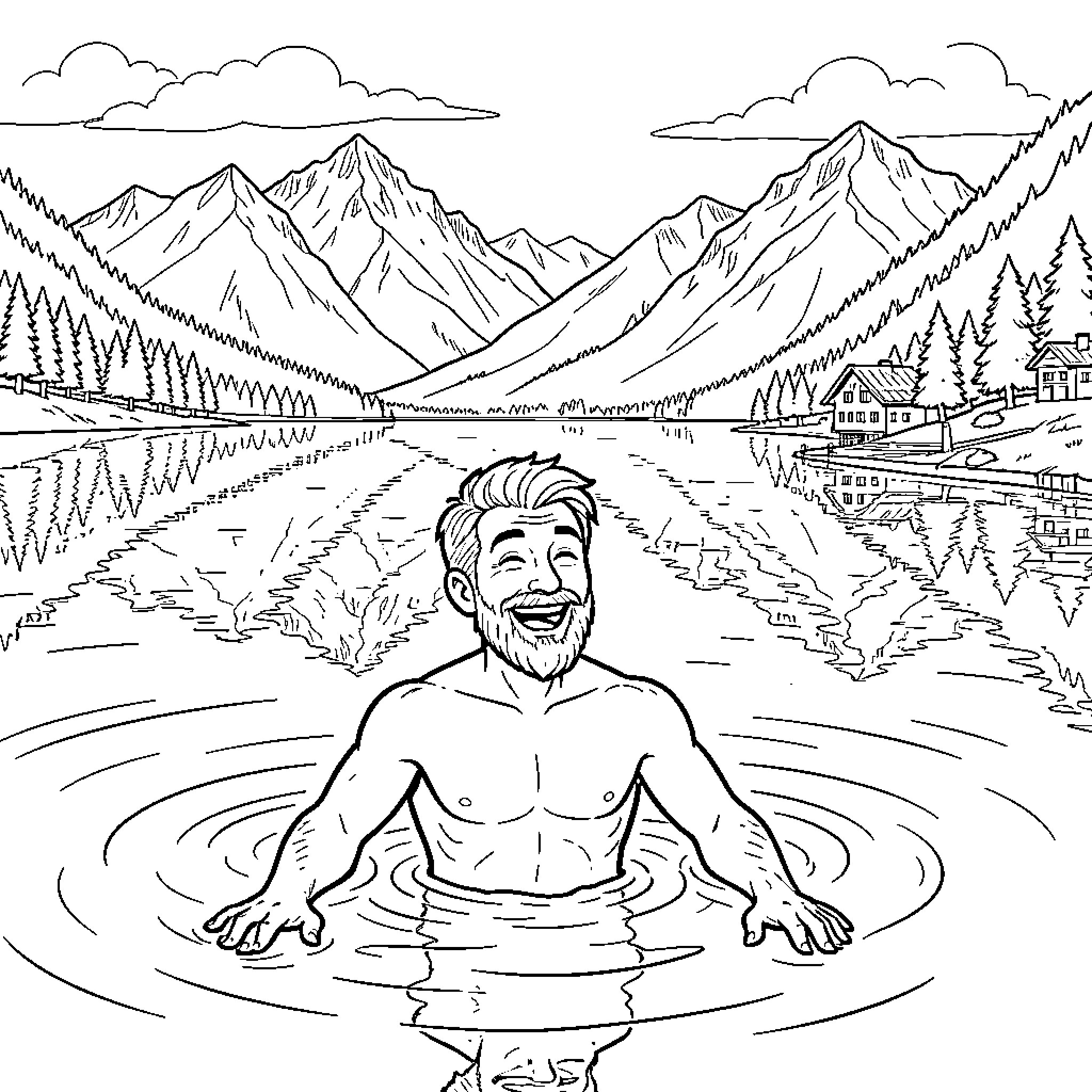 Marcus laughing while wading in a mountain lake Coloring Page (free black-and-white line drawing printable PDF for all, from beginners to advanced learners, including children, teens, adults, and seniors)