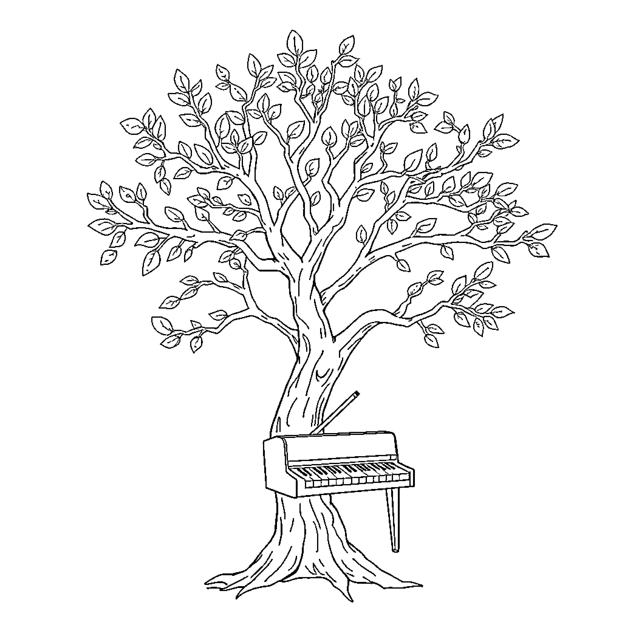 Tree with Piano Growing from Trunk Coloring Page (free black-and-white line drawing printable PDF for all, from beginners to advanced learners, including children, teens, adults, and seniors)